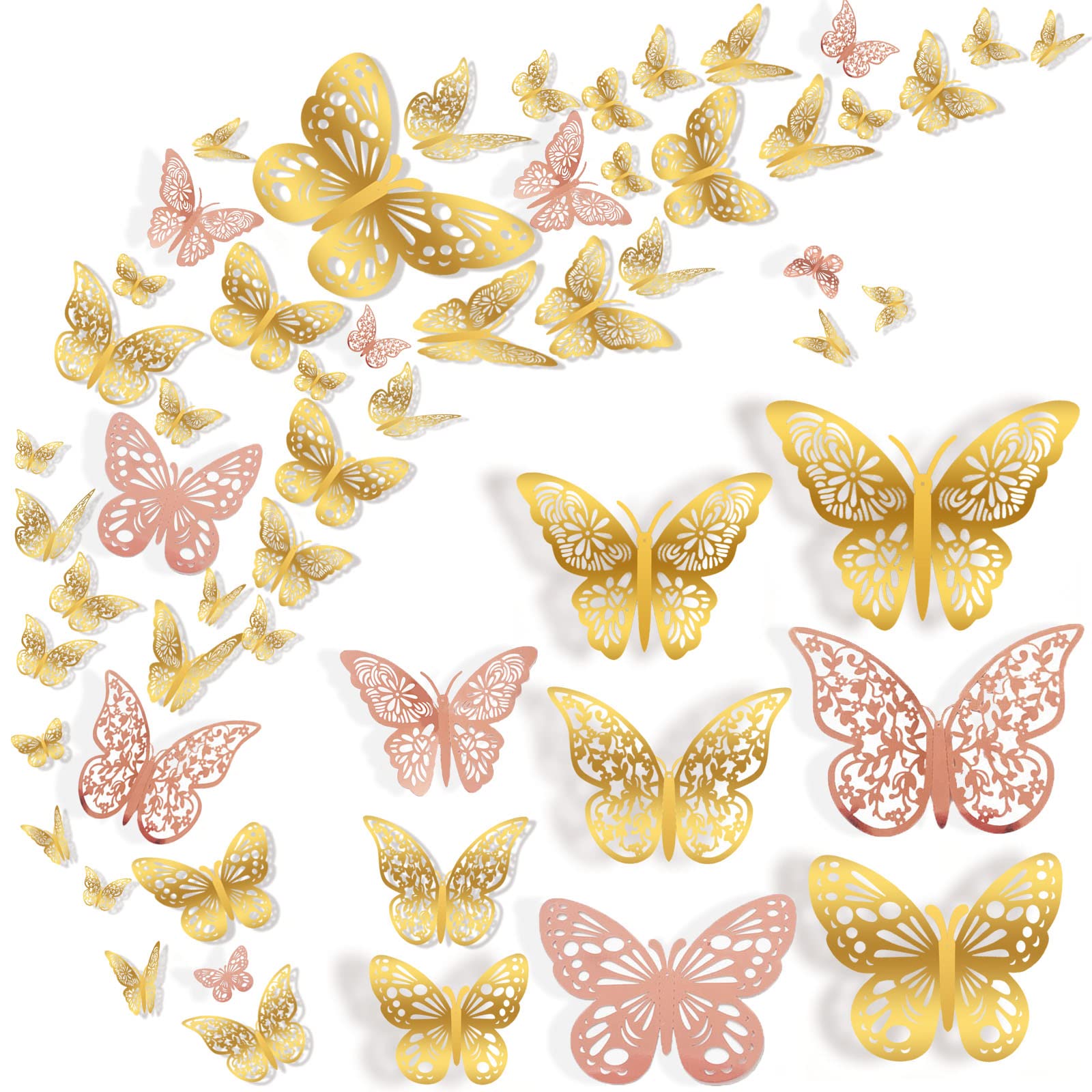 Nelotaor 72 Pcs Butterfly Wall Decor, 3 Styles 3 Sizes 3D Butterfly, Gold And Rose Gold Butterfly, Wedding Decorations, Birthday
