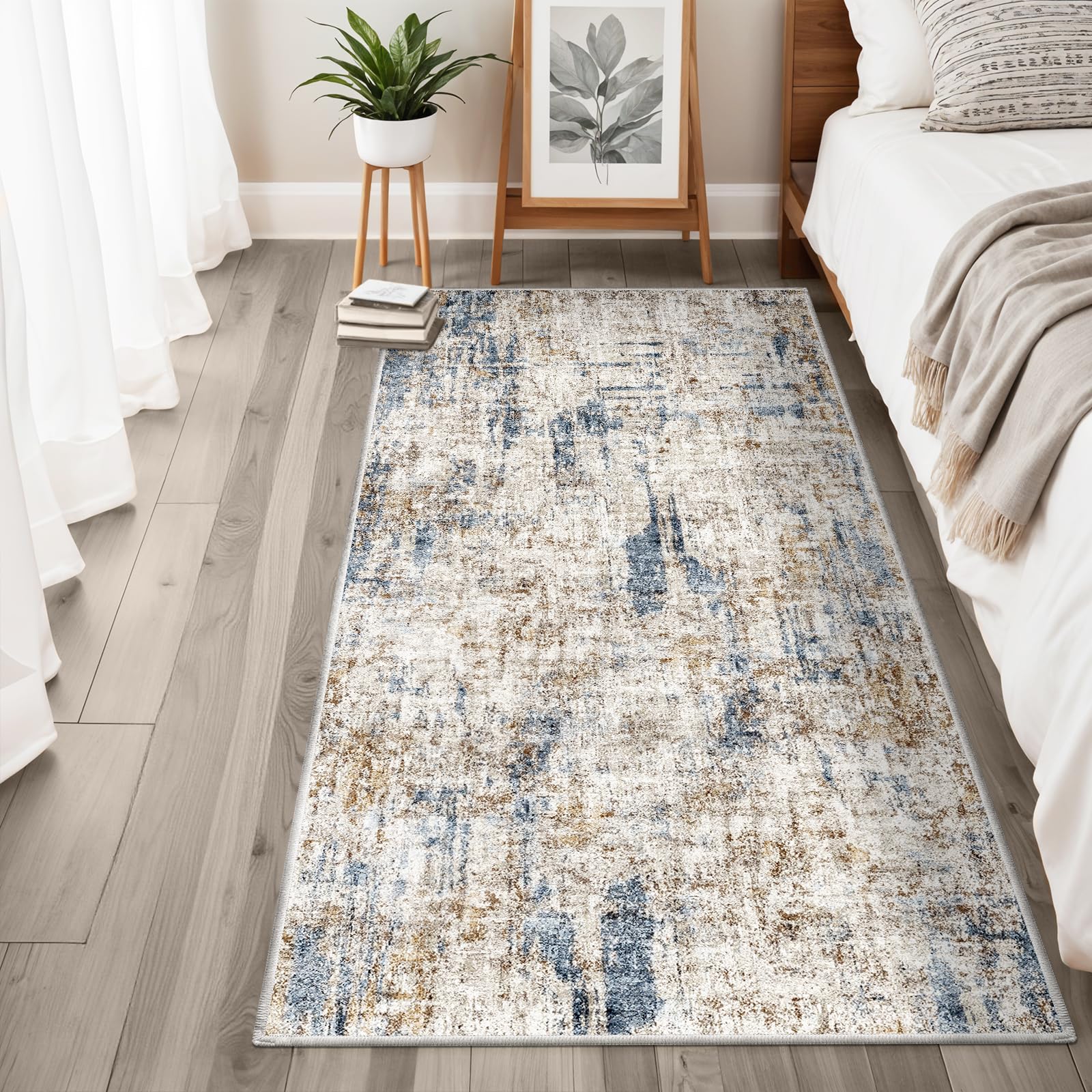 3x6 Washable Non-Slip Kitchen Runner Rug - Modern Abstract Wide Floor Carpet Runner with Rubber Backing for Entryway, Hallway, B