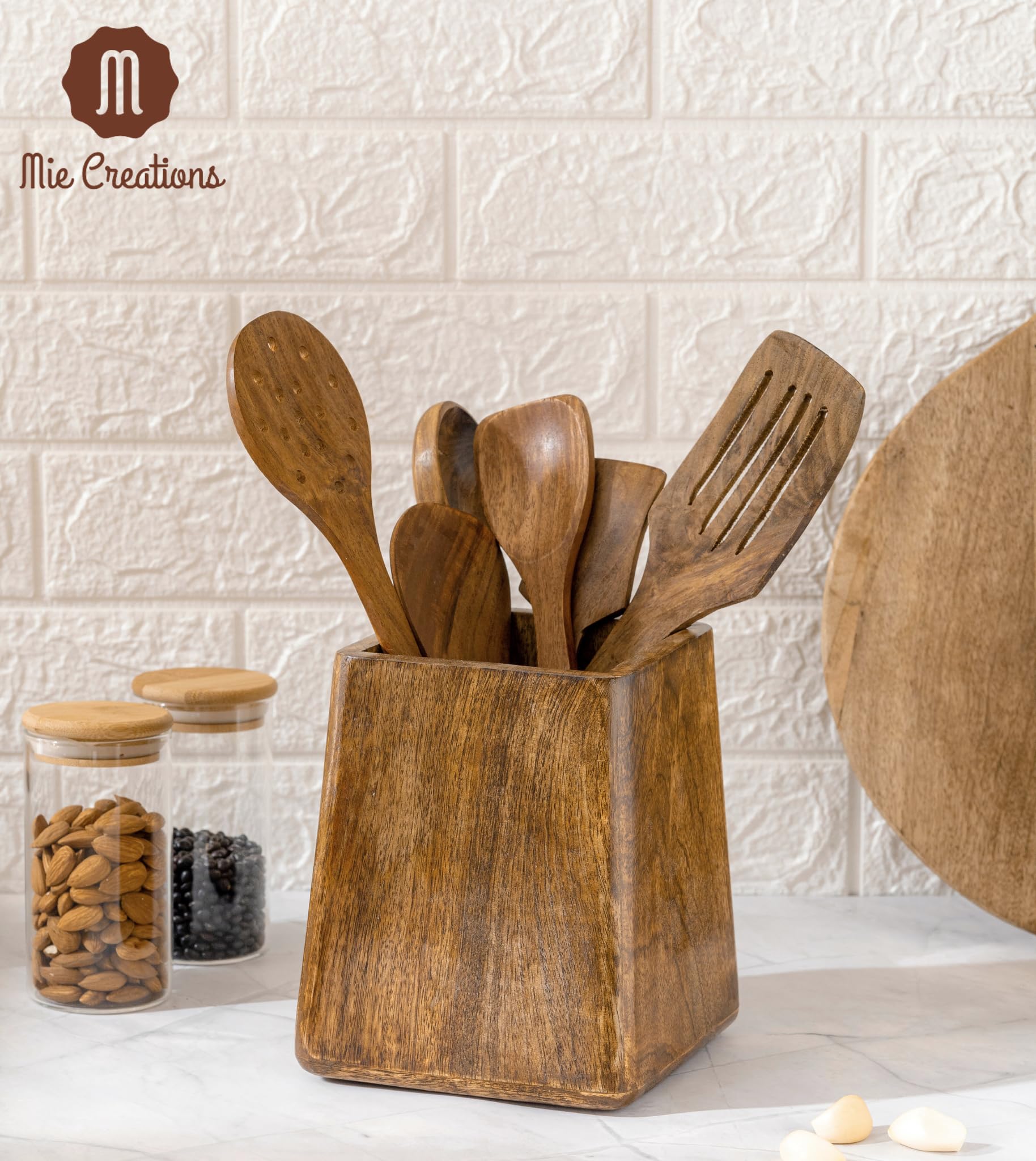 Mie Creations Rustic 7'' Large Utensil Holder Crock For Kitchen Countertop | Mother'S Day Gift Utensils Crock, Wooden Square Tap