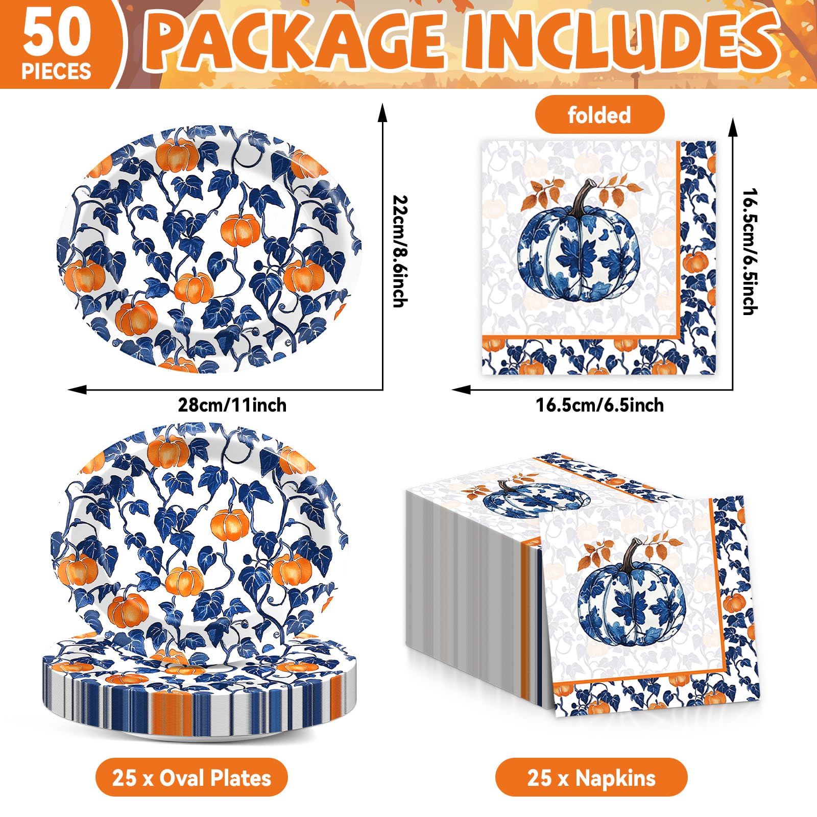 50 Pcs Blue Pumpkin Fall Oval Paper Plates 11inch Autumn Floral Leaves Plates and Napkins Thanksgiving Oval Disposable Dinnerwar
