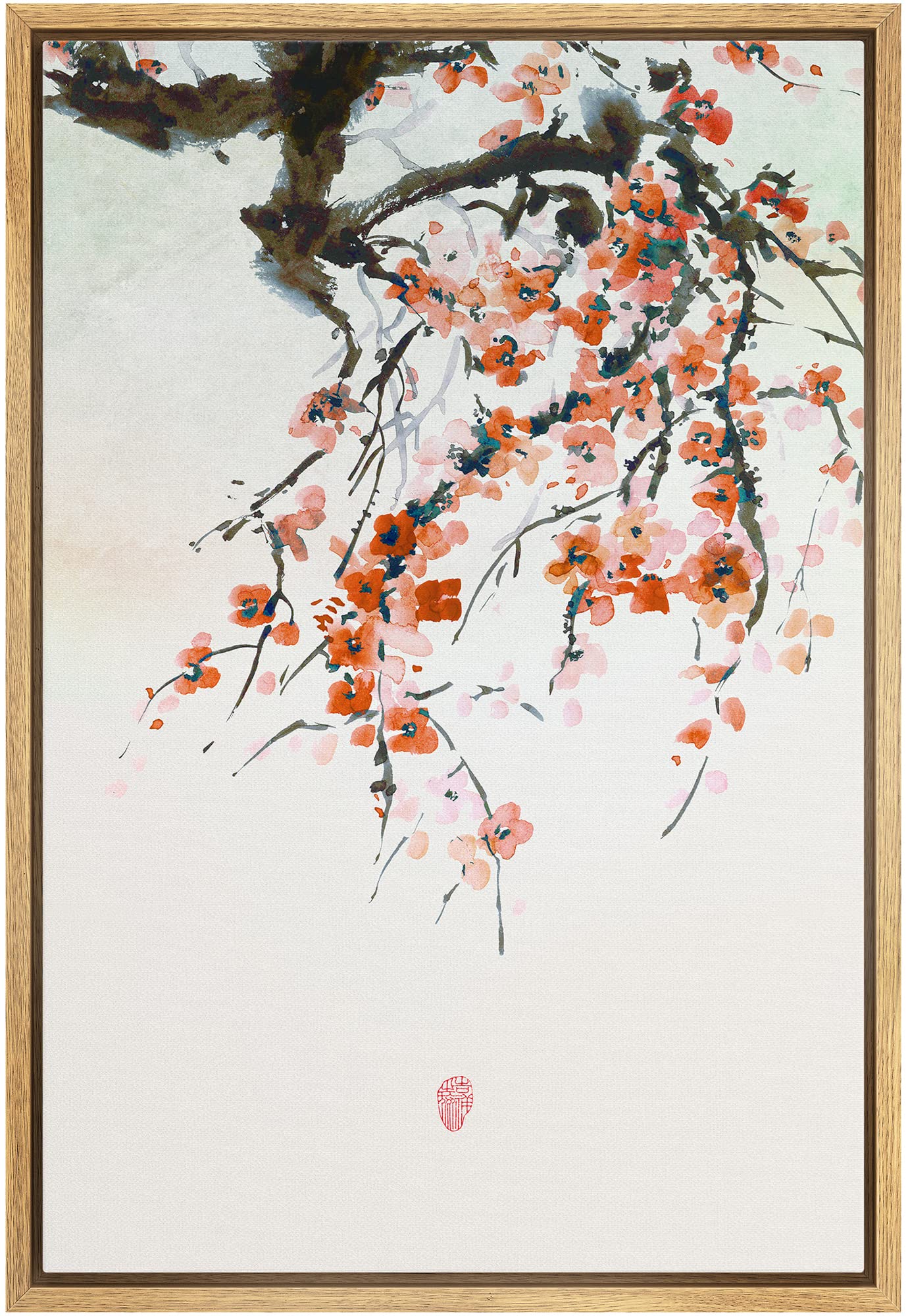 Nwt Framed Canvas Print Wall Art Japanese Style Cherry Blossoms On Tree Branch Floral Plants Illustrations Modern Art Rustic Sce