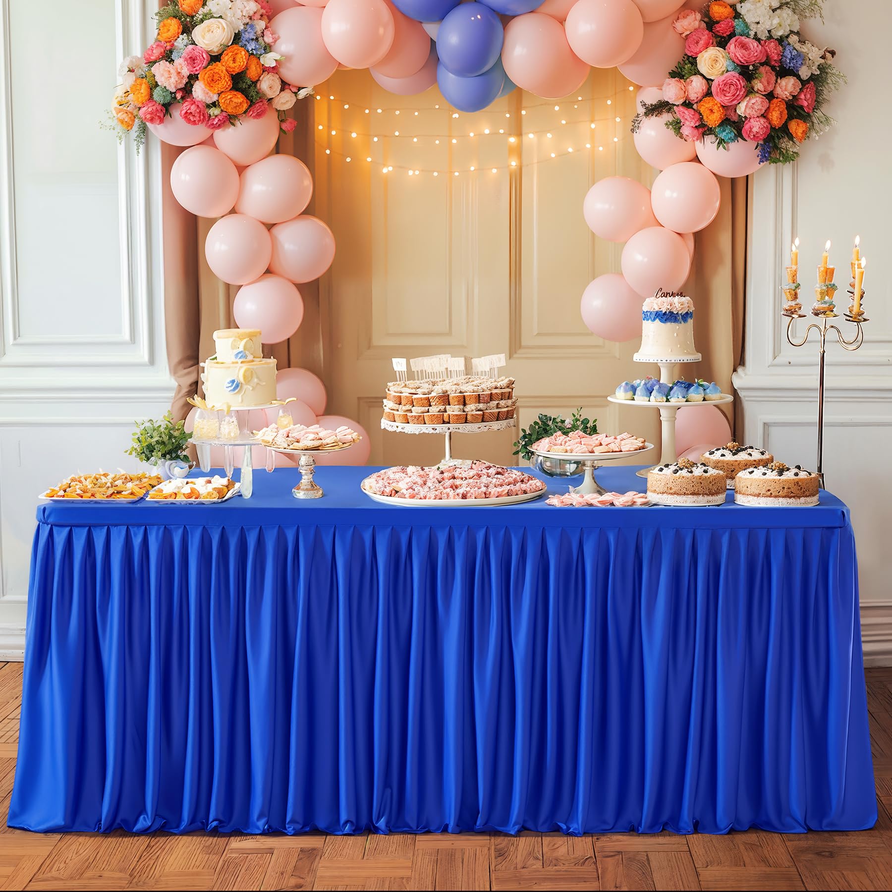 Royal Blue Polyester Table Clothes For 6 Foot Rectangle Tables, Wrinkle Free Fitted Table Cover With Pleated Ruffle Table Skirt