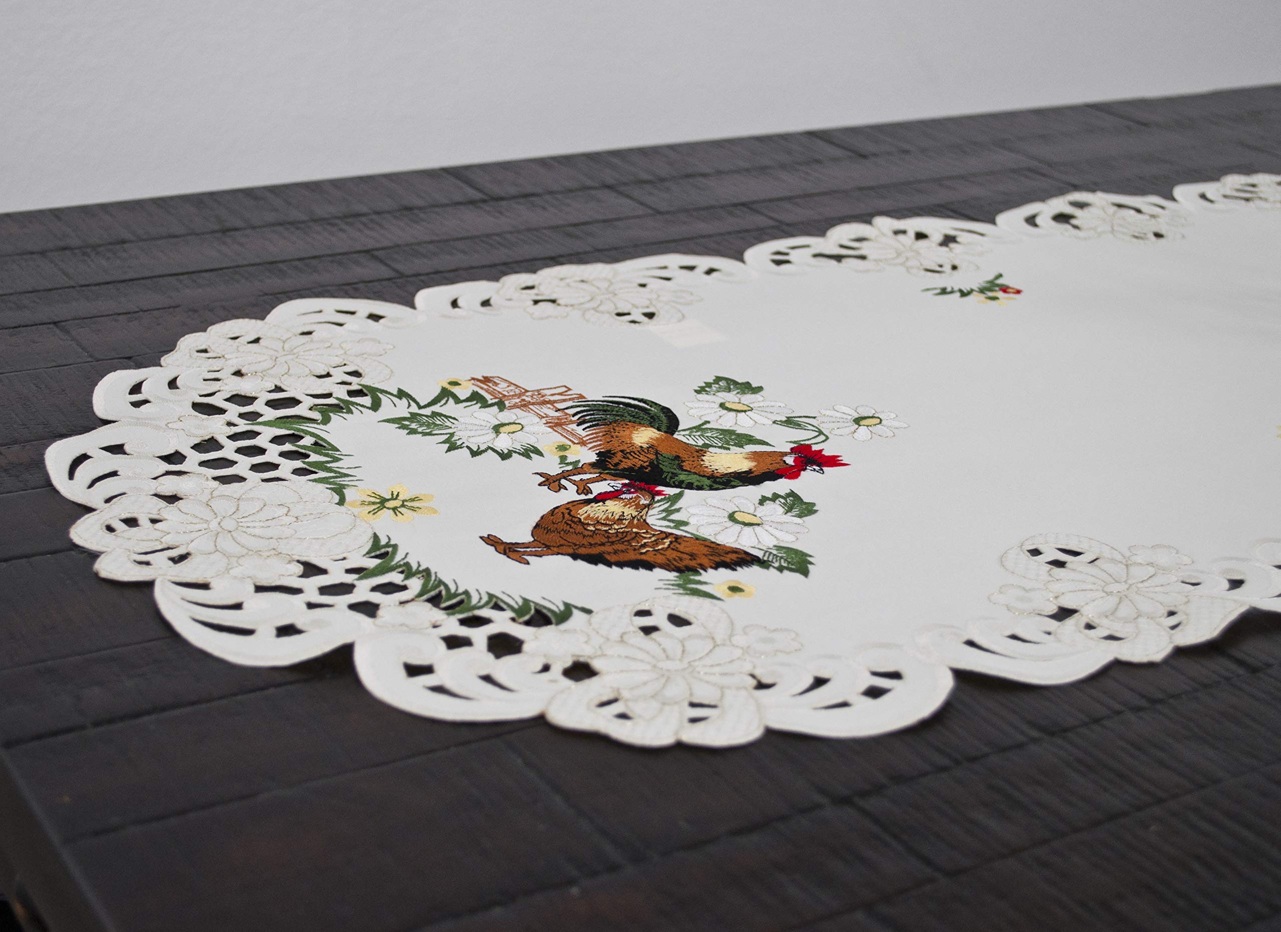 Embroidered Rooster Country Chic Lace Farmhouse Table Runner, Dresser Scarf, Coffee Table Runner (15Wx54L)