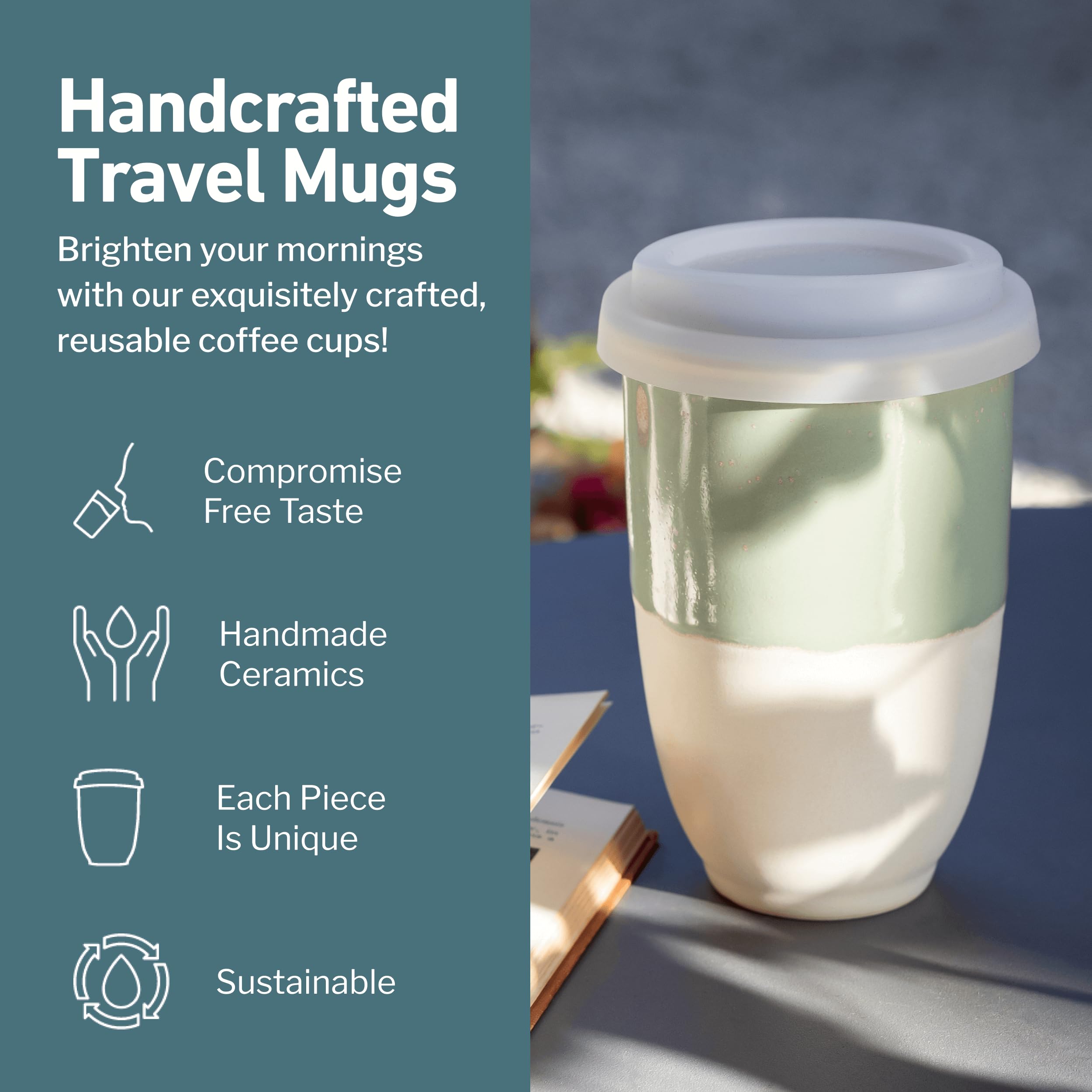 NOVA CERAMICS Microwavable Coffee Mug, 12oz Ceramic Travel Cup, Sage & Beige, Dishwasher Safe, With Lid