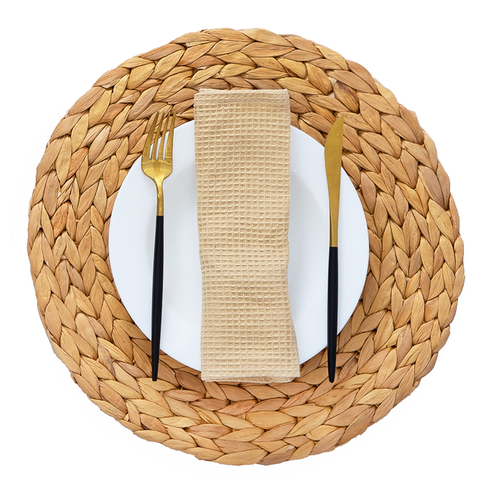 Artera Boho Round Woven Placemats - Set Of 4, Natural Wicker Placemats, Water Hyacinth Straw Braided Placemats, Heat Resistant N