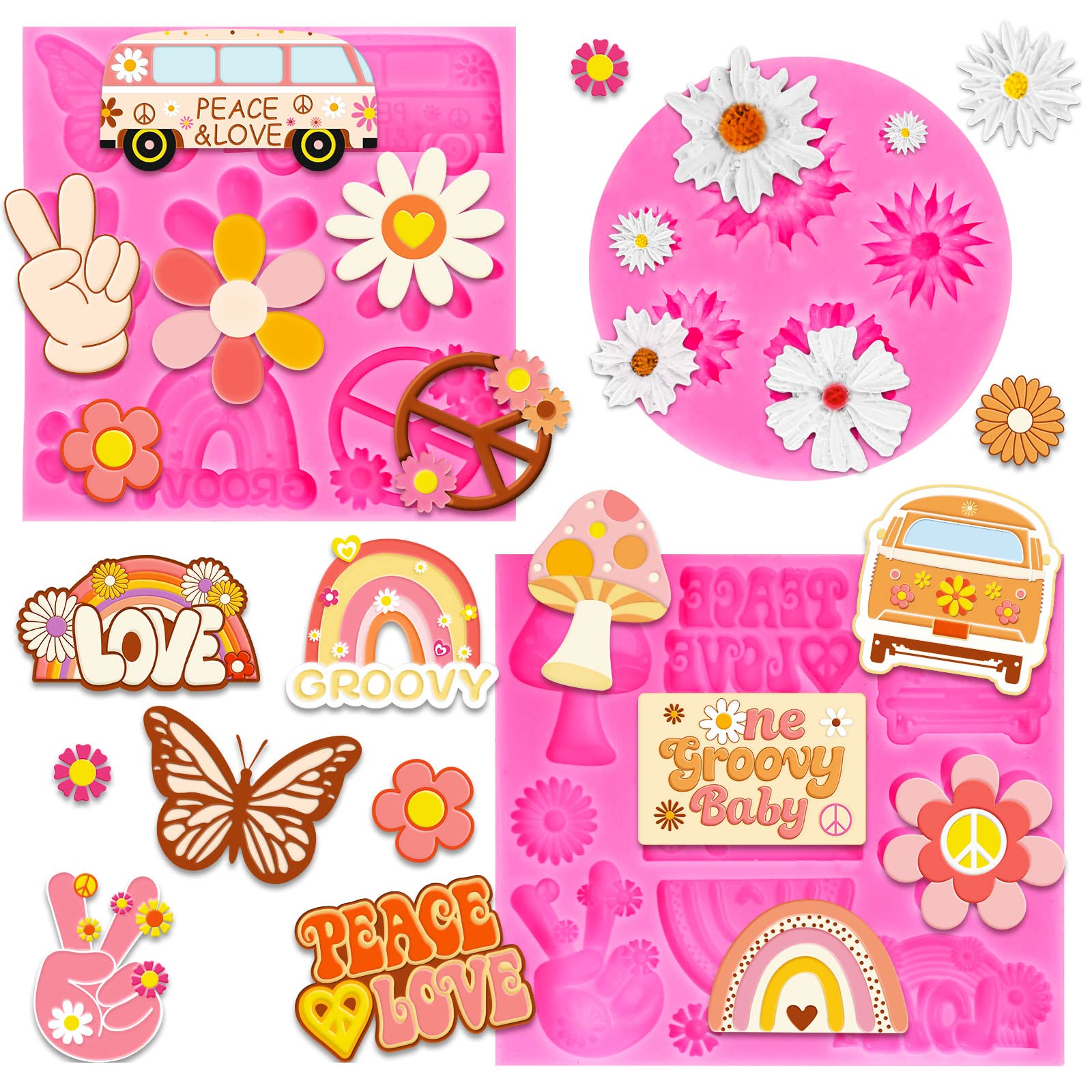 Whaline 3Pcs Groovy Boho Fondant Molds Groovy Hippie 3D Silicone Moulds Daisy Boho Rainbow Pattern Resin Molds Peace & Love Cupc