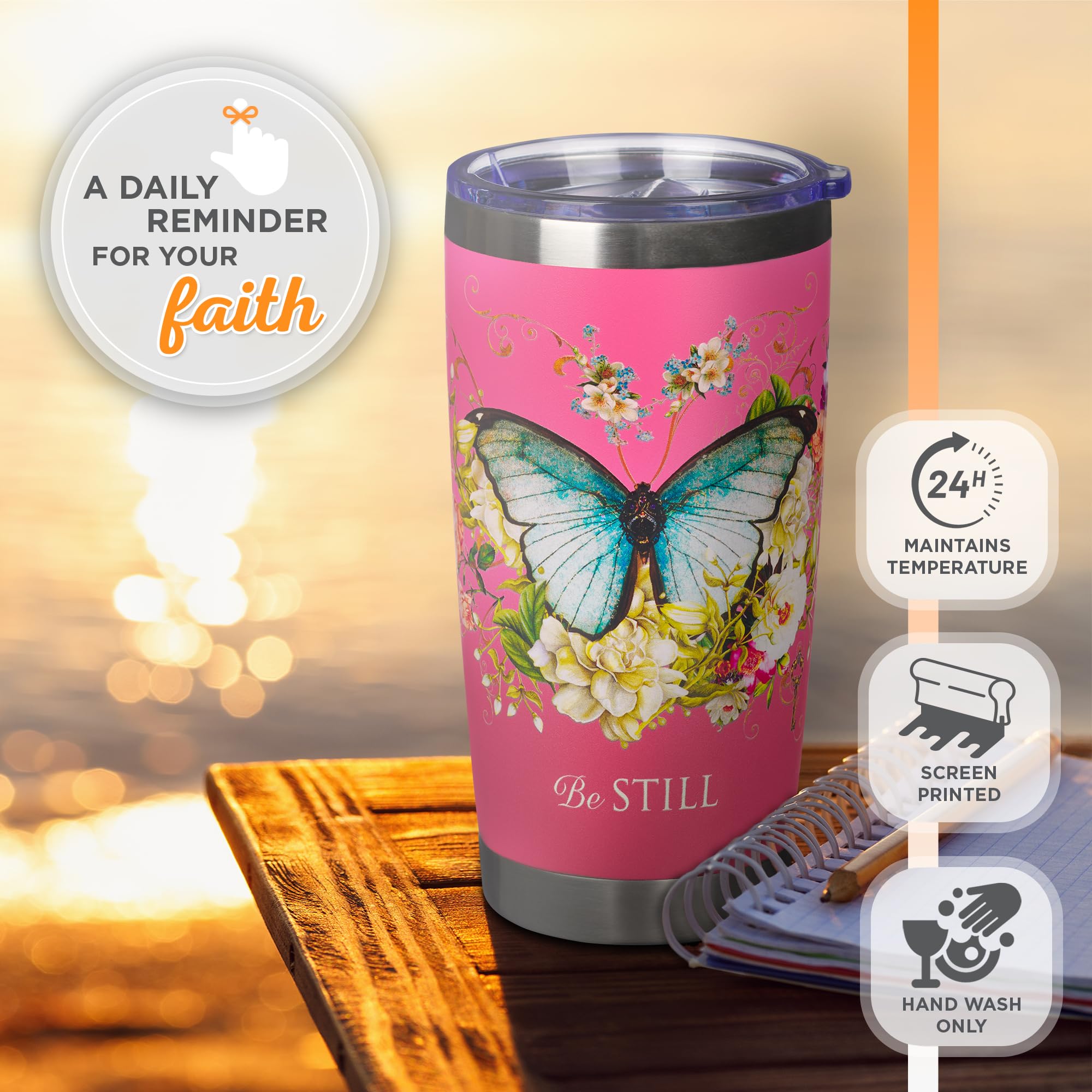 Christian Art Gifts Stainless Steel Double Wall Vacuum Insulated Travel Mug 18 Oz Butterfly Pink Bpa-Free Tumbler With Retractab
