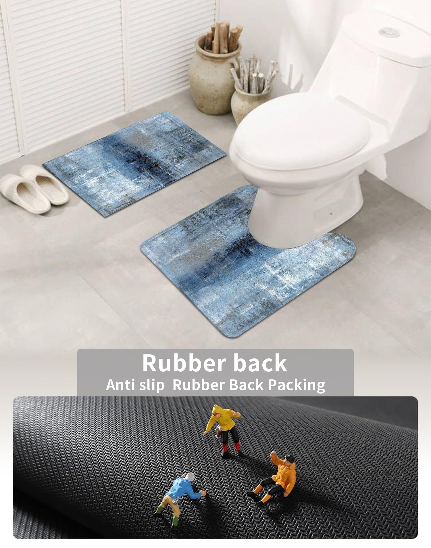 Muginyu Blue Bathroom Rug Set 3 Piece,Navy Blue Bathroom Rugs For Bathroom Decor Grey Ombre Abstract Aesthetic Farmhouse Thin Ru