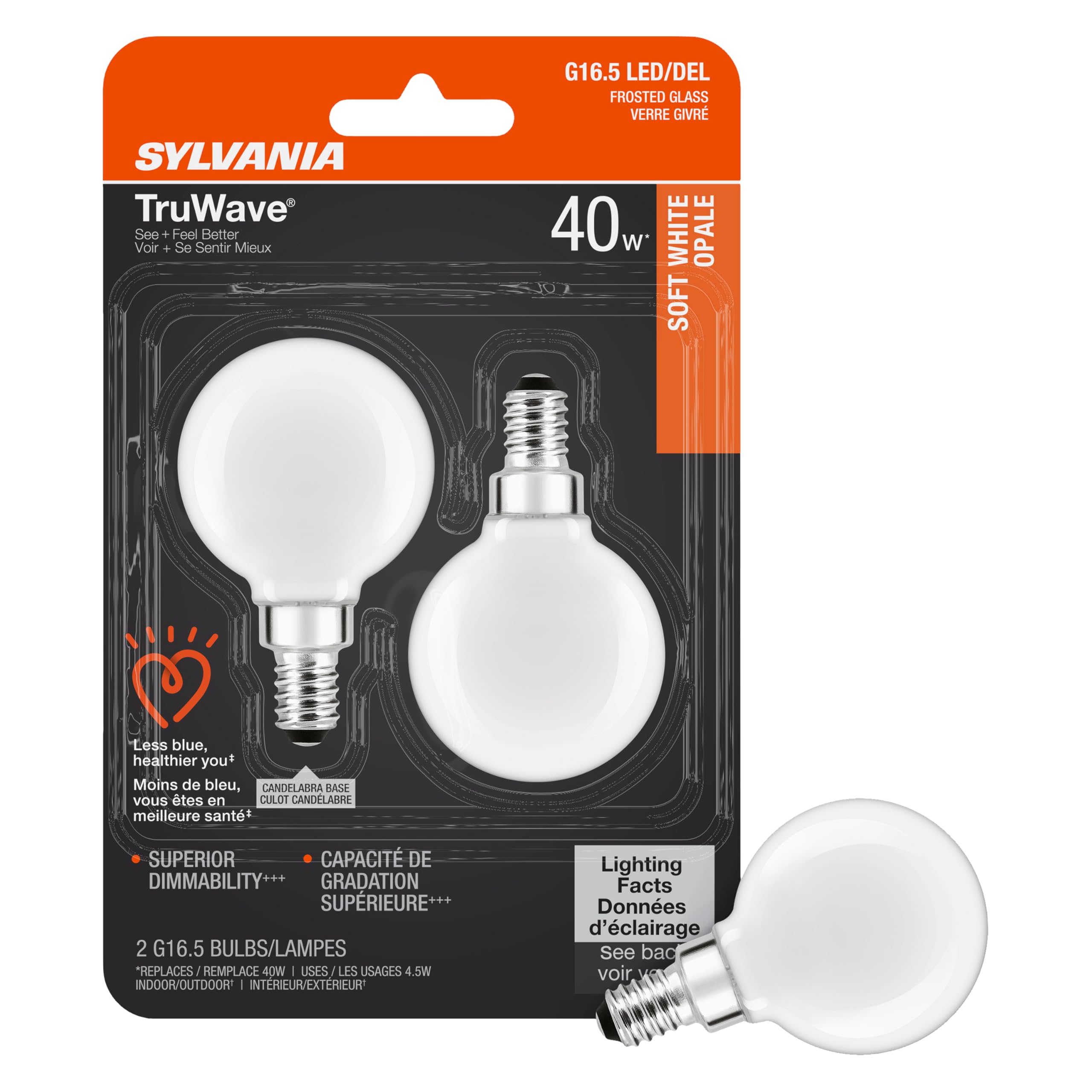 Sylvania Led Truwave Natural Series Dacor Globe G 165 Light Bulb, 40W Equivalent, 45 Efficient, Candelabra Base, Dimmable, 350 L