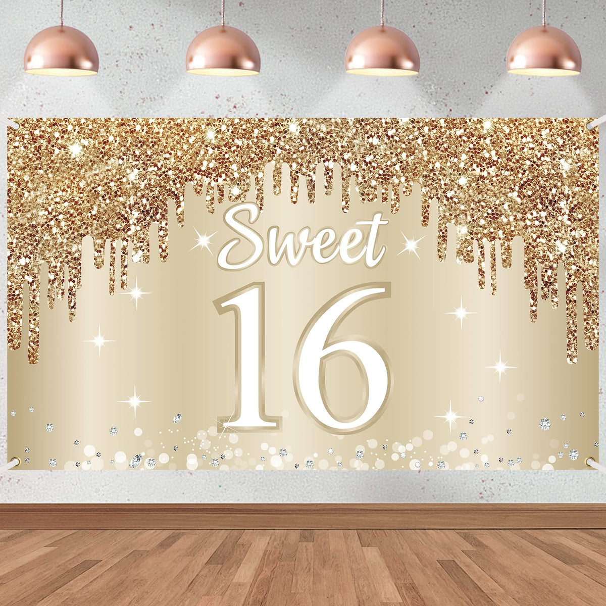 Happy Sweet 16Th Birthday Banner Backdrop Decorations For Girls, Gold White Sweet 16 Birthday Sign Party Supplies, Sixteen Year