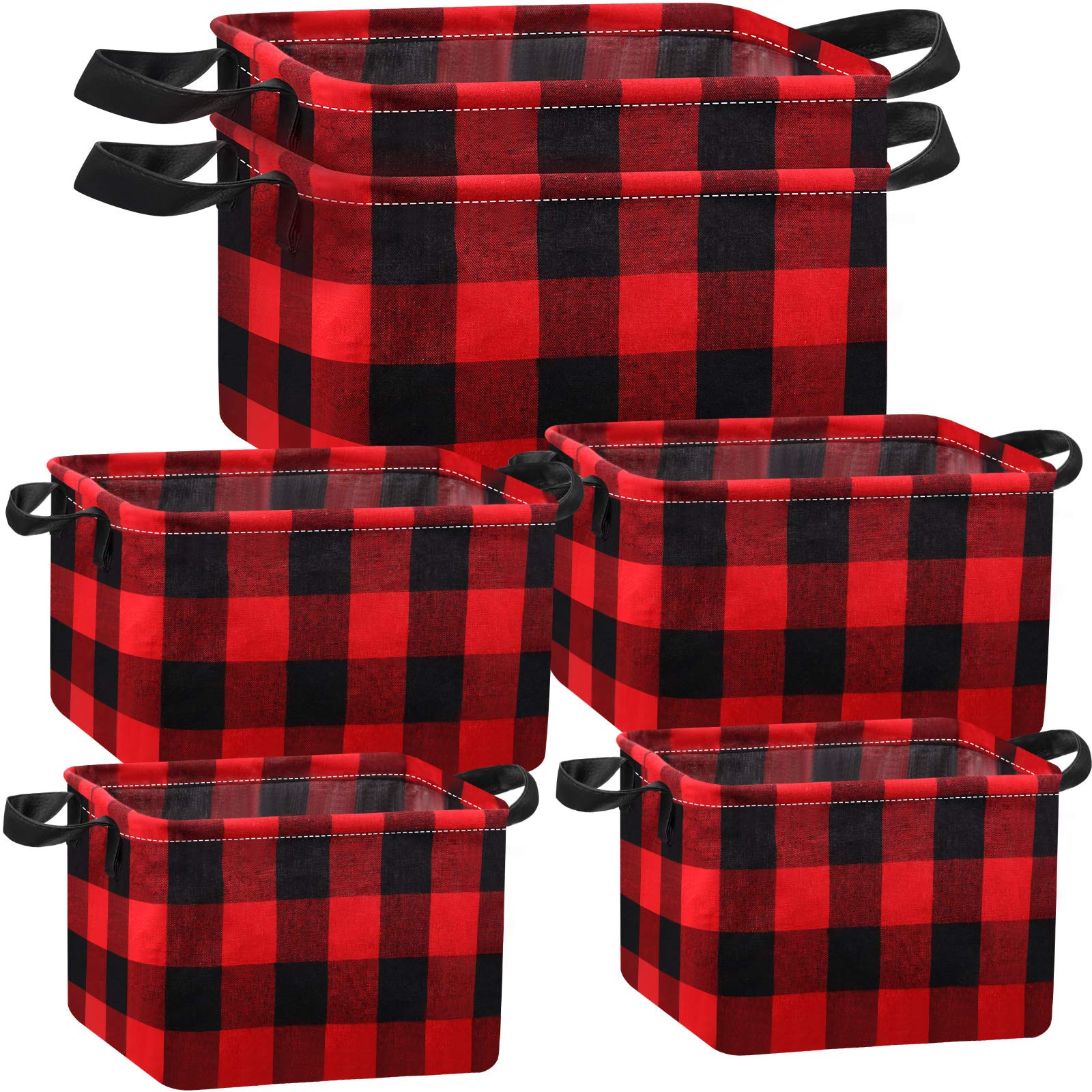 Boao 6 Pcs Buffalo Plaid Basket Square Storage Basket Buffalo Check Basket Bin Solid Storage Organizer With Handles Collapsible