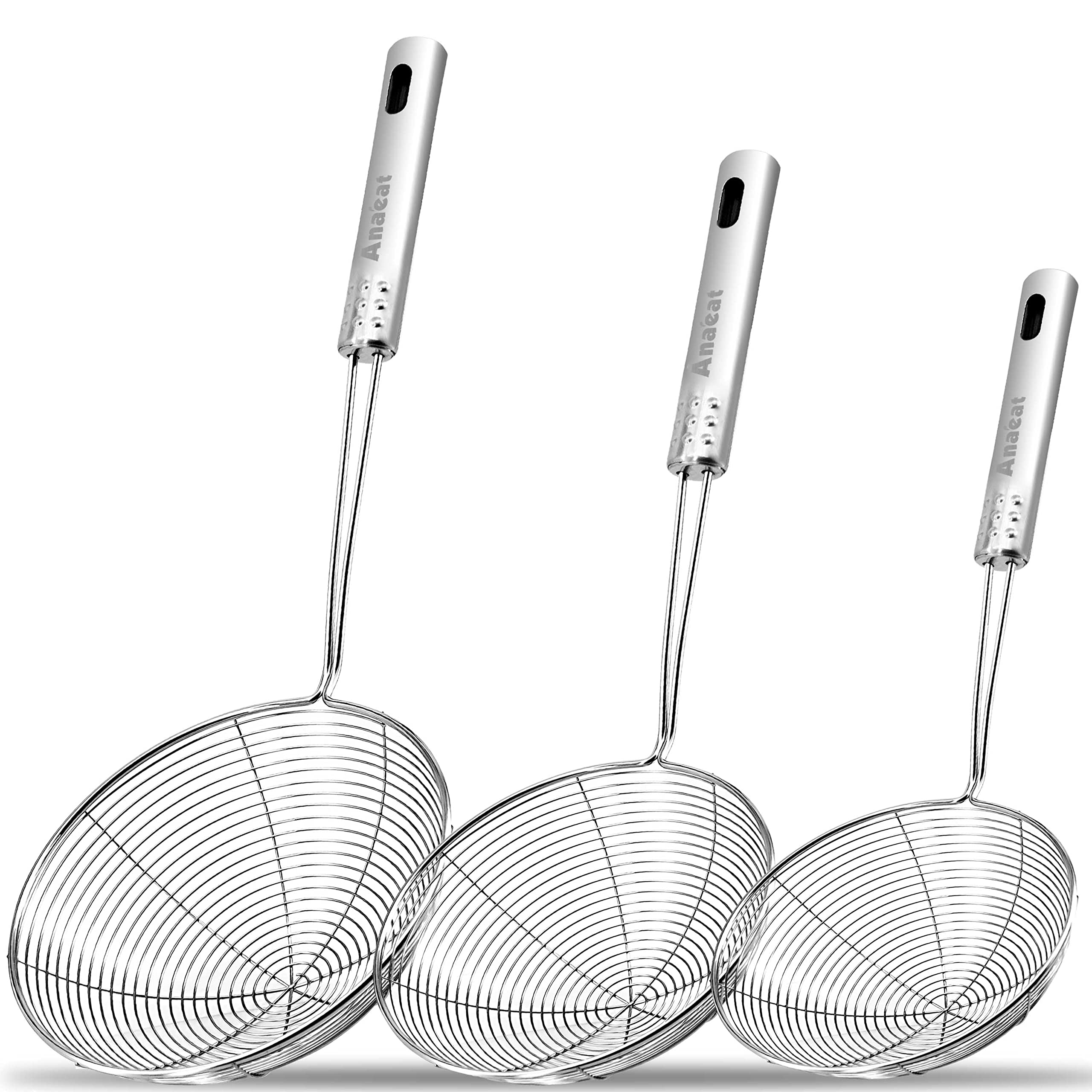 Anaeat Stainless Steel Spider Strainer Skimmer, Set Of 3 Professional Kitchen Pasta Strainer Spoon With Long Handle - Asian Stra
