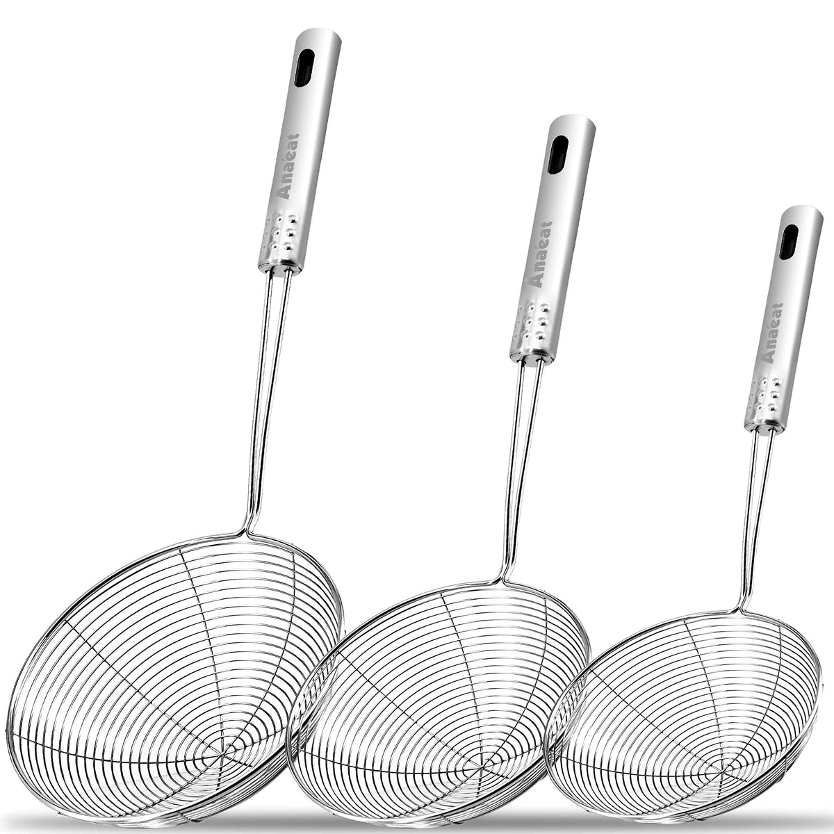Anaeat Stainless Steel Spider Strainer Skimmer, Set Of 3 Professional Kitchen Pasta Strainer Spoon With Long Handle - Asian Stra