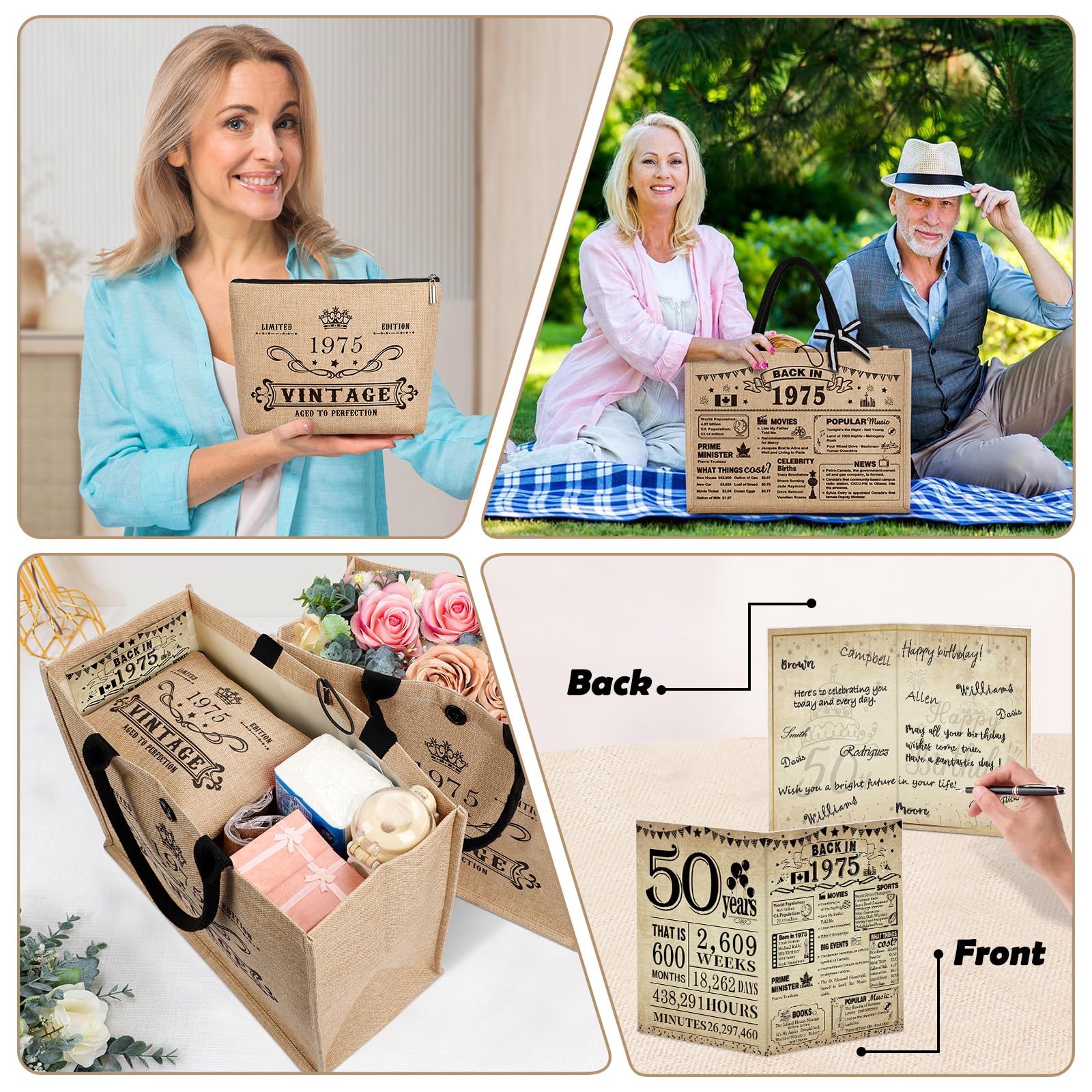 YeohJoy 50th Birthday Gifts for Women Jute Tote Bag, Vintage 1975 Burlap Bag with Cosmetic Bag and Back in 1975 Poster, Unique 5