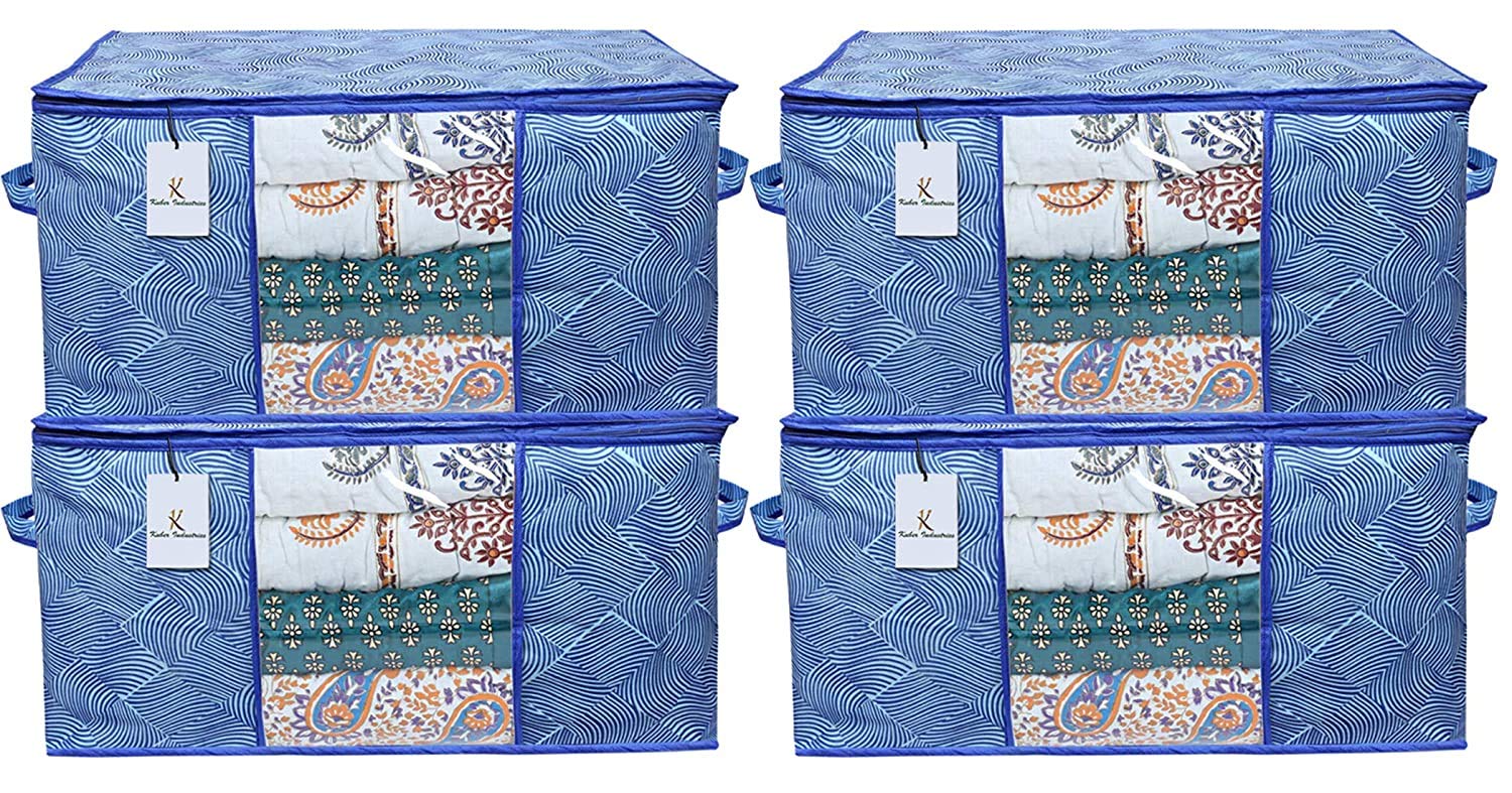 Heart Home Leheriya Design Underbed Storage Bag, Storage Organiser, Blanket Cover Set Of 4  Royal Blue, Extra Large Size  Cthh
