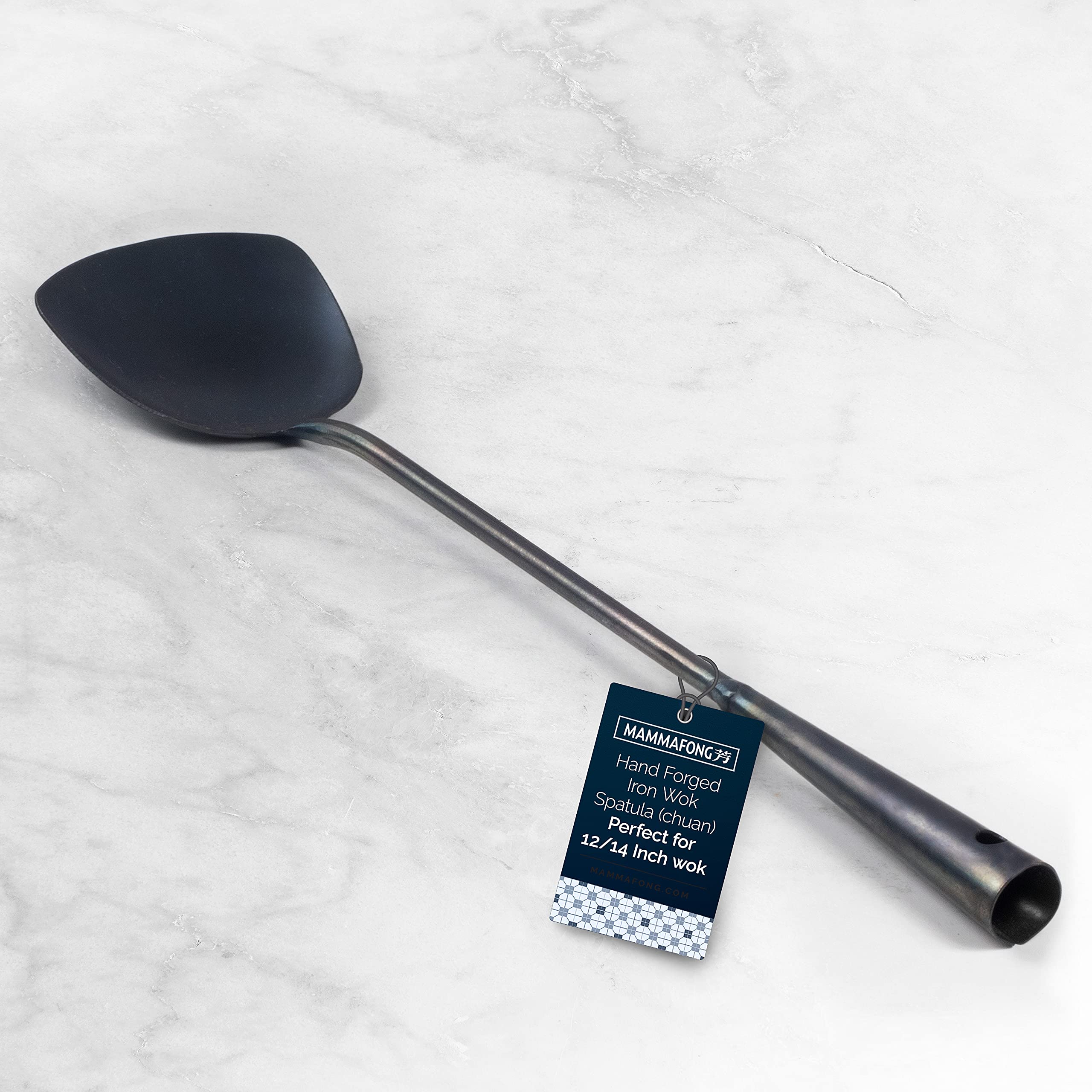 Long Hand Forged Iron Wok Spatula (chuan) for Mammafong Carbon Steel Wok, Preseasoned Stir Fry Wok Utensils