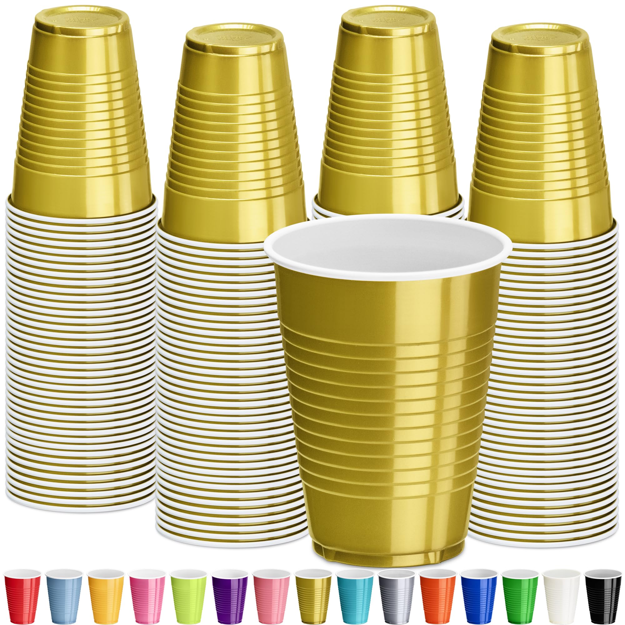Decorrack Gold Plastic Cups, 12 Oz Disposable Cups, Reusable Party Supplies (120 Count)