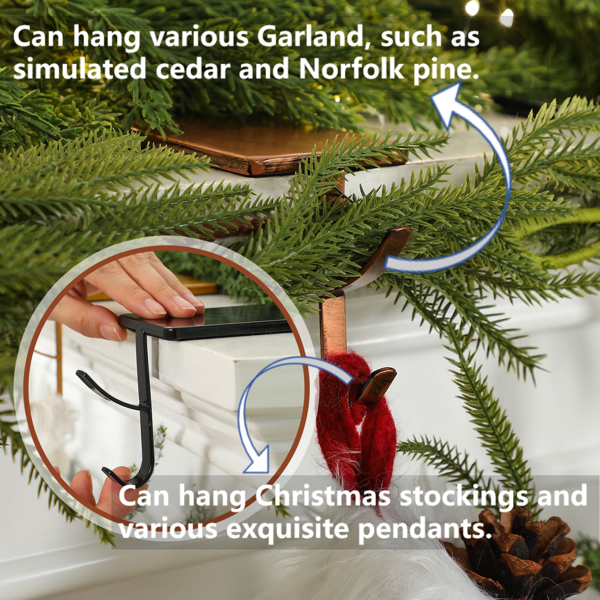 6 Pcs 2 in 1 Christmas Garland Hangers for Mantle Fireplace Stocking and Garland Hanger Two Hooks Durable Wrought Iron Metal Hol