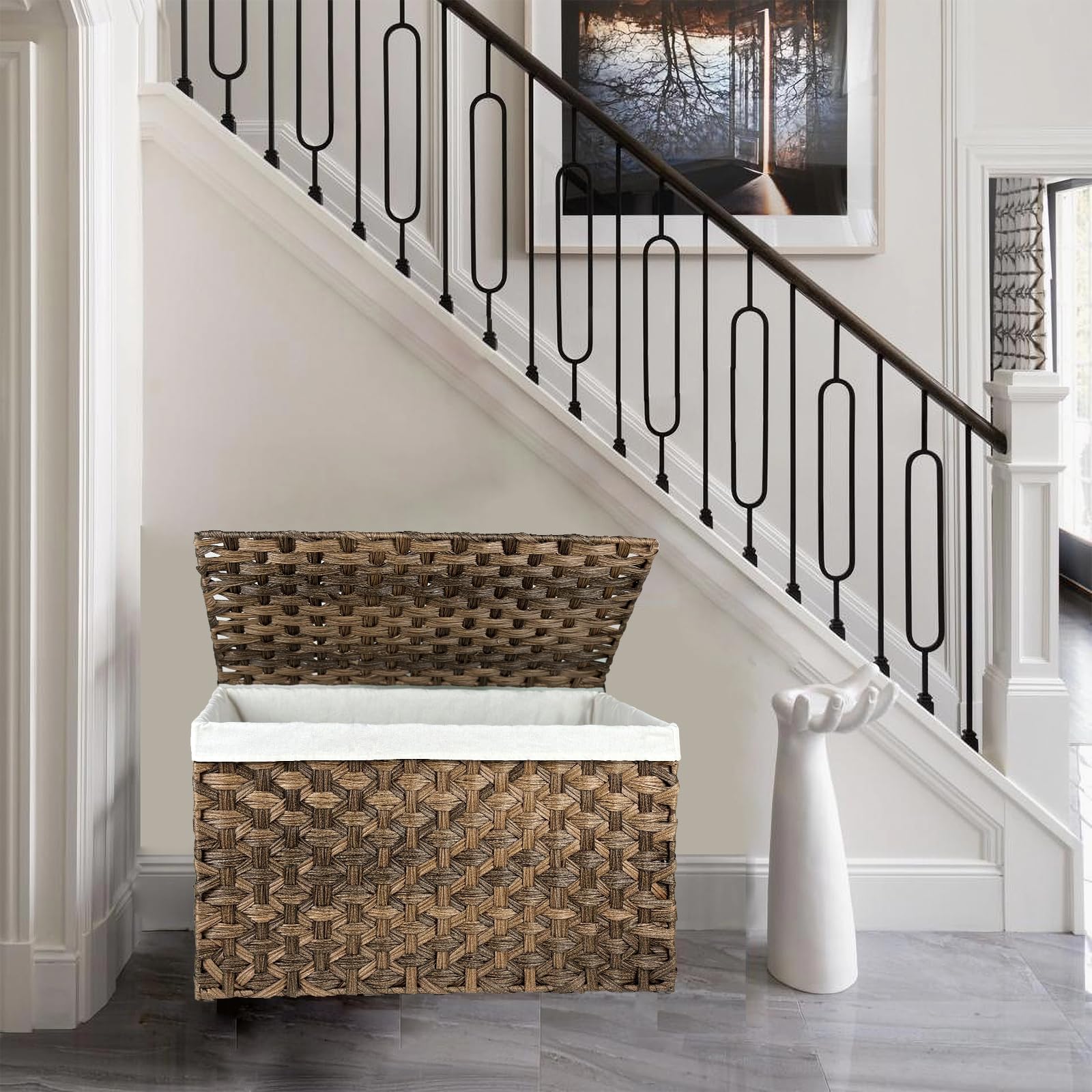 Moorliter Storage Basket With Lid, 42.3 Gallon (160L) Blanket Storage Basket With Handles, Woven Storage Bin, Removable Liner, F