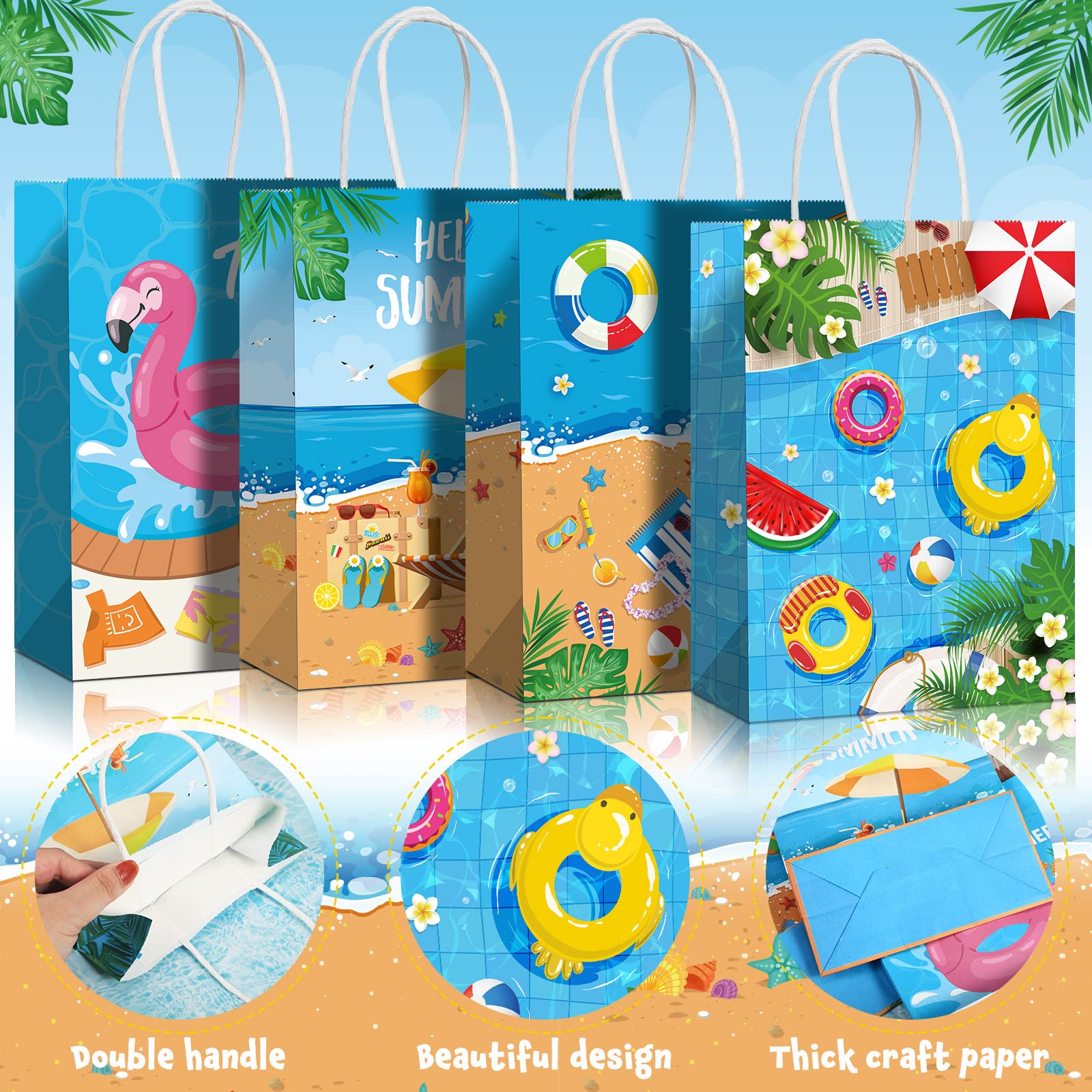 Pajean 16 Pcs Beach Party Paper Bags, Summer Pool Goodie Candy Gift Treat Bags For Luau Tropical Beach Party Favors Supplies