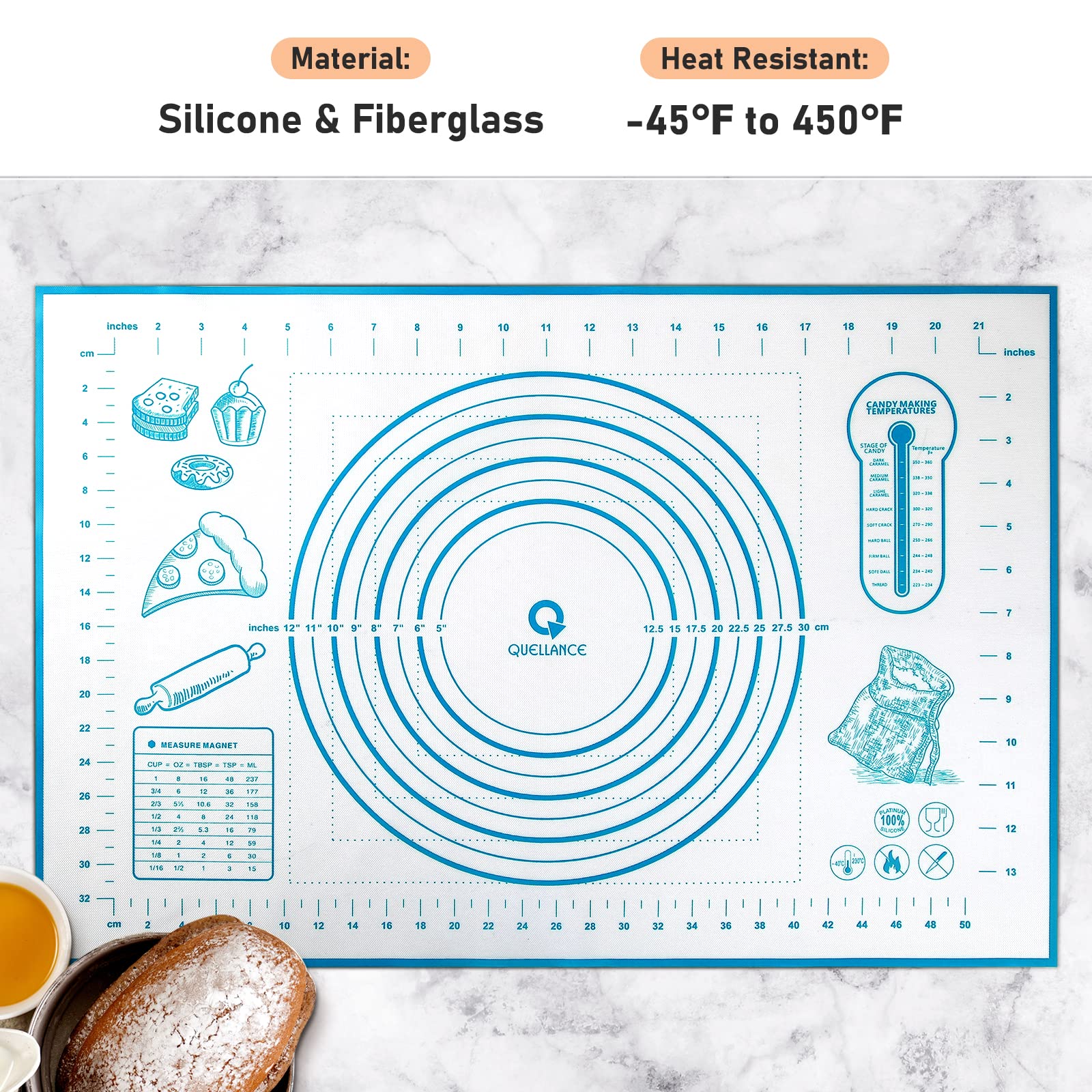 Silicone Pastry Mat With Measurement, Baking Mat For Fondant, Rolling Dough, Pie Crust, Pizza And Cookies, Fondant Mat,16'' X 24