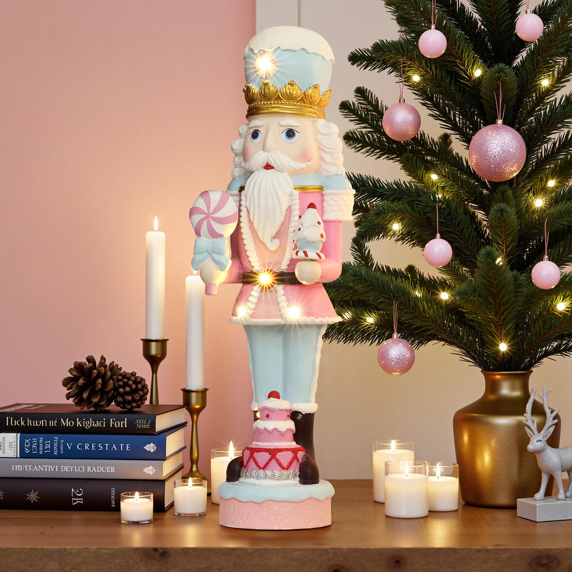 LuxenHome 2FT Tall Nutcracker Christmas Decoration, Candy Land Large Nutcracker Soldier Decoration with Lollipop and Cake, Light
