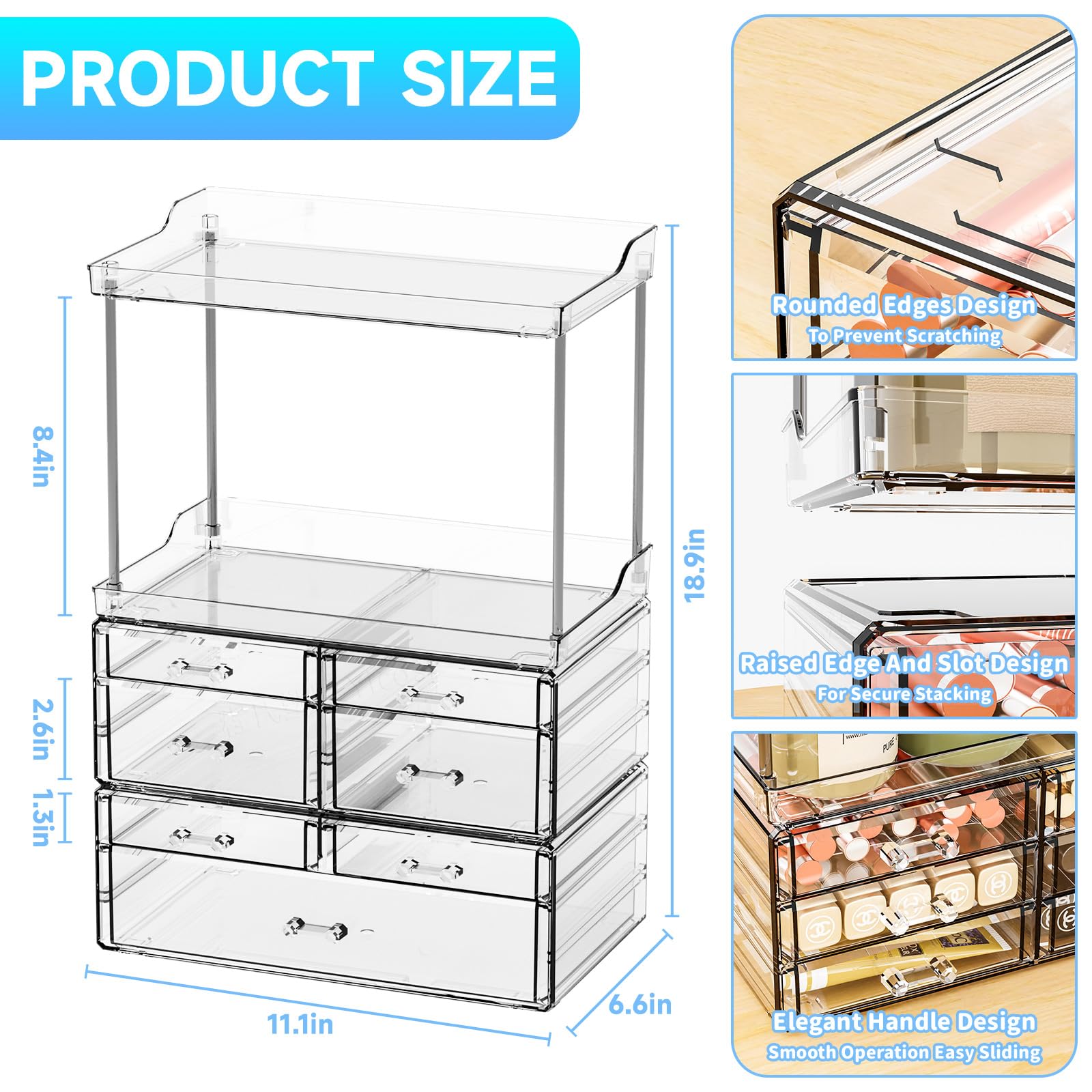 3 Pack Bathroom Organizers And Storage Countertop With 7 Drawers,Stackable Vanity Top Organizer,18.9'' Tall Large Capacity Skin