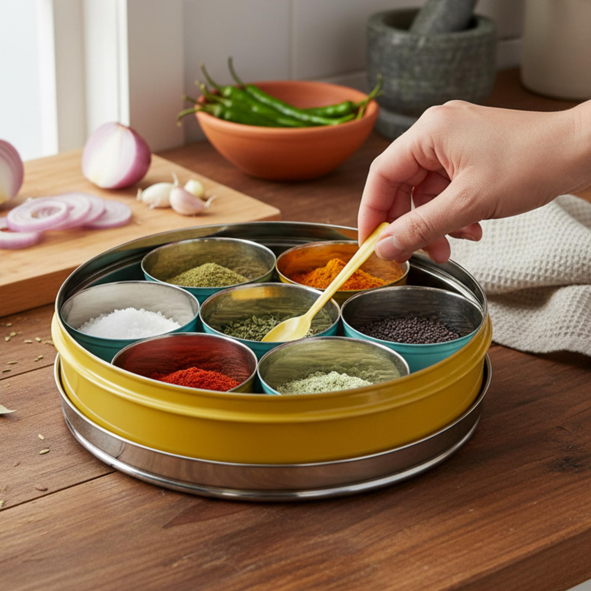 Elan Stainless Steel Masala Box | Spice Storage Container | Masala Dani With 7 Containers And Small Spoon | Masala Dabba For Kit