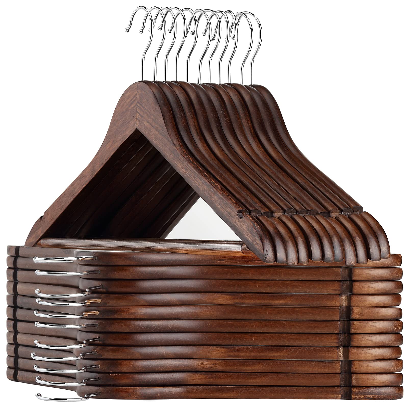 AMKUFO Wooden Hangers 20 Pack Wood Suit Hangers Non Slip Wooden Coat Hangers with Smooth Fnish Cut Notches 360? Swivel Hook Clothes Hangers for Jeans Pants Jackets Shirts Dresses  Walnut