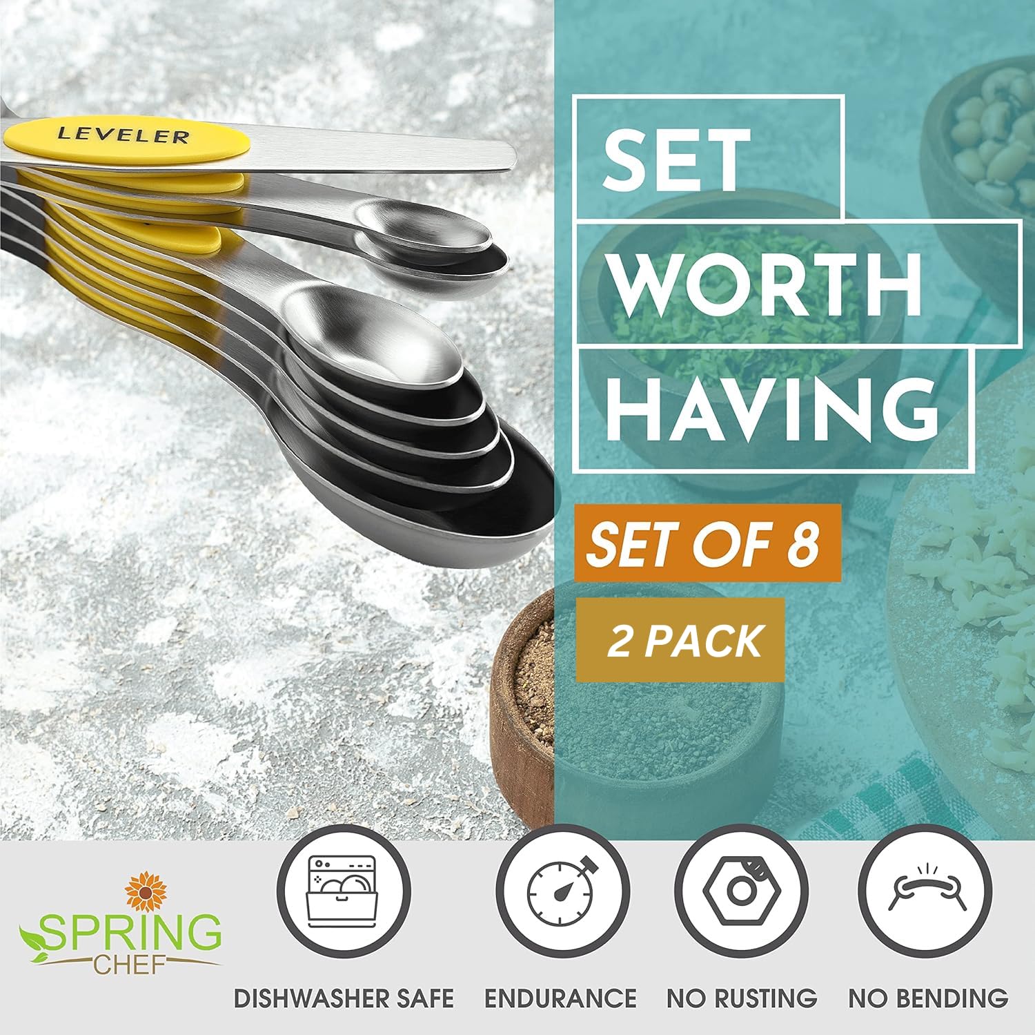 Spring Chef Magnetic Measuring Spoons Set, Dual Sided, Stainless Steel, Fits In Spice Jars, Yellow, Set Of 8, 2 Pack