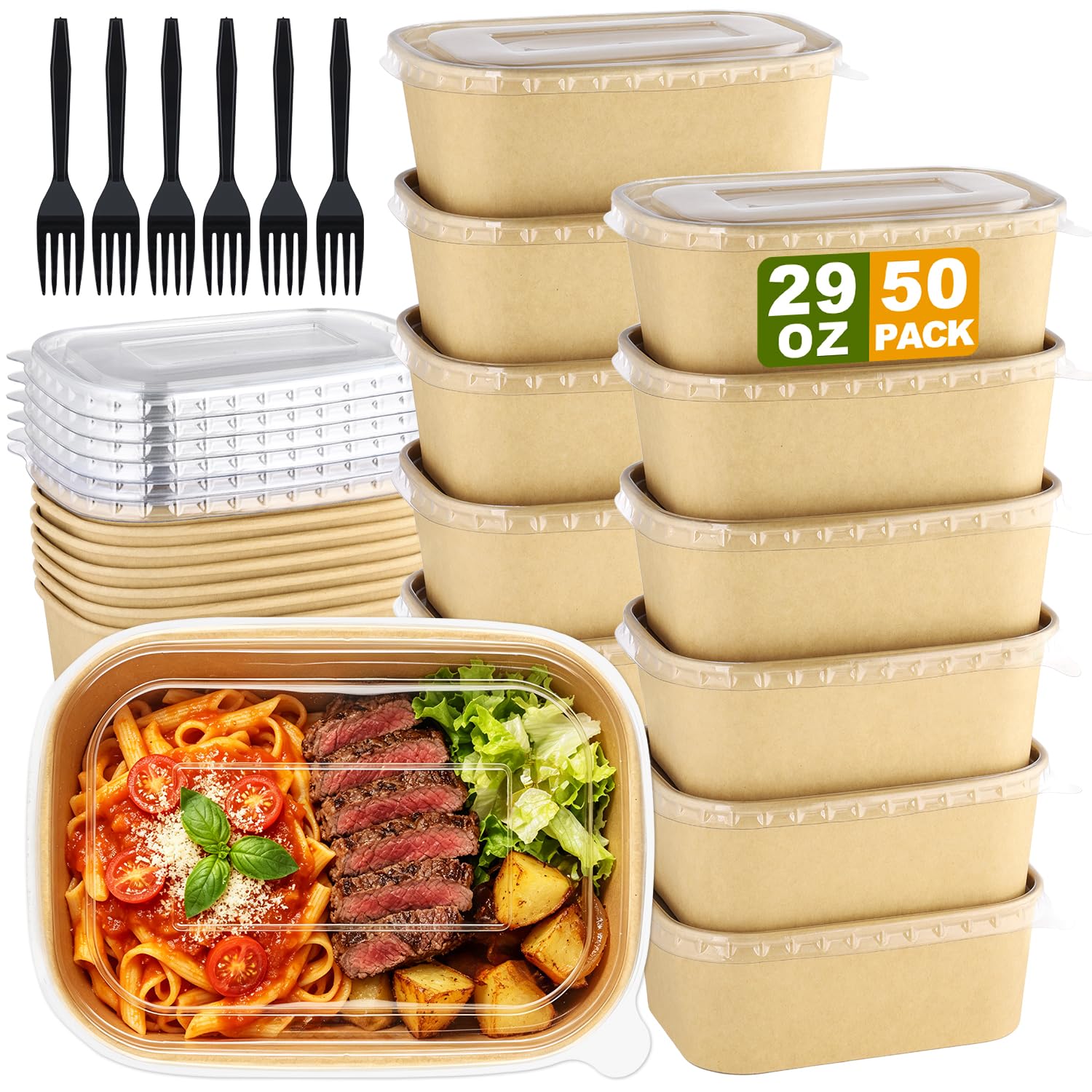 Exsmile 50 Pack 29 OZ Disposable Paper Food Containers with Lids and Forks
