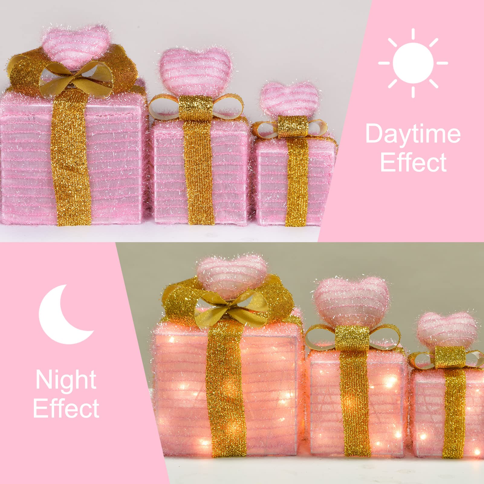 Tngan Pink Lighted Gift Boxes, Christmas Decorations for Indoor Outdoor, Room Decor for Bedroom, 60 LED Light Up Pink Gifts Batt
