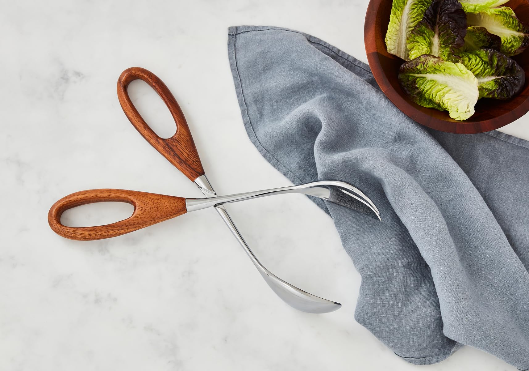 Nambe Curvo Salad Scissors - 13" Stainless Steel & Acacia Wood Tongs, Silver, Model MT0796