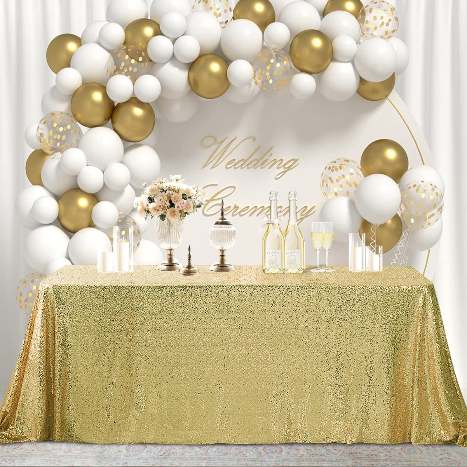 Hahuho 50X80 Inch Rectangular Sequin Tablecloth Rose Gold, Glitter Tablecloth For Bridal Shower Decorations, Birthday, Wedding,