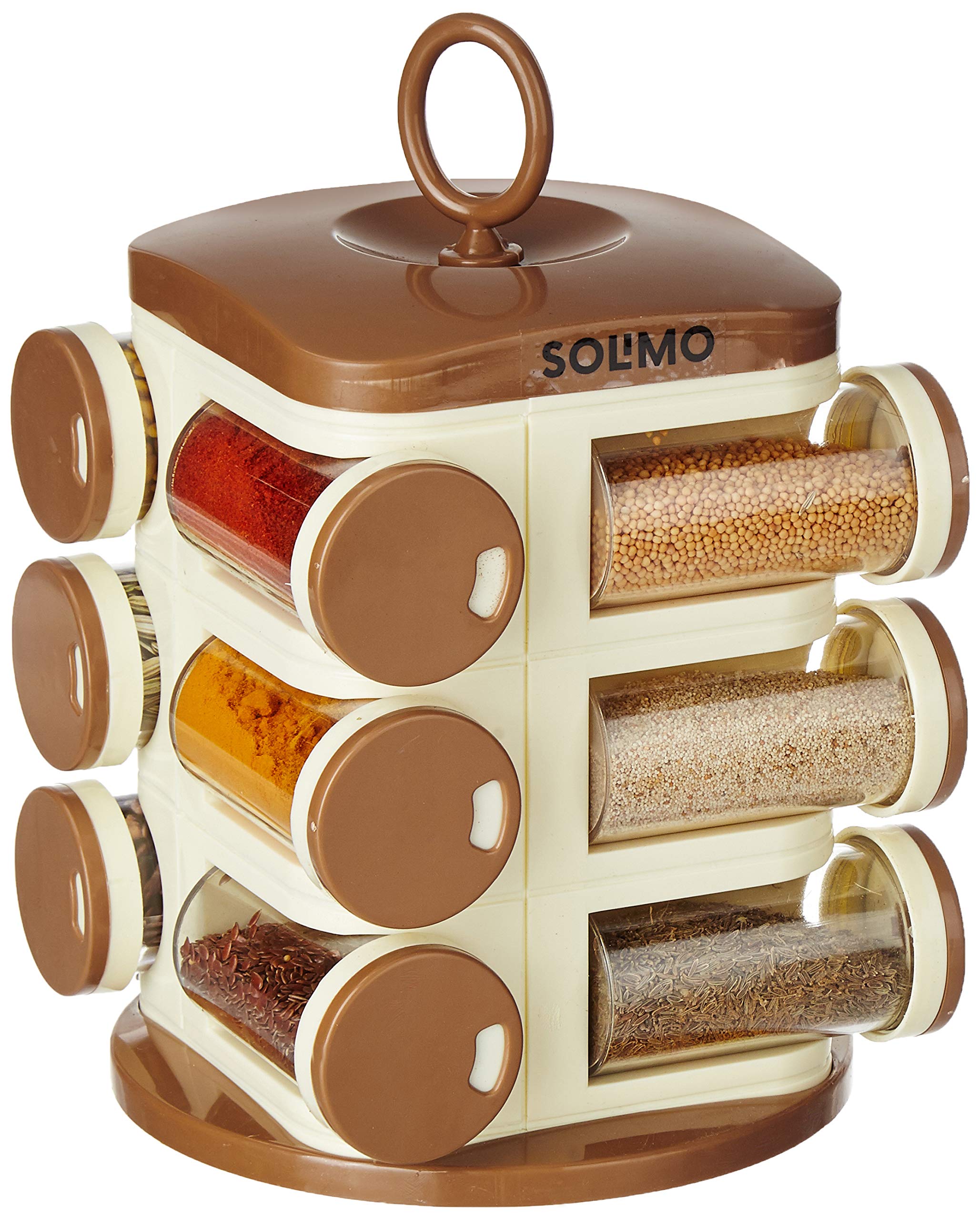 Amazon Brand - Solimo Plastic Revolving Spice Rack Set | 12 Pieces | Tiered Shelf | Tabletop | Light Brown