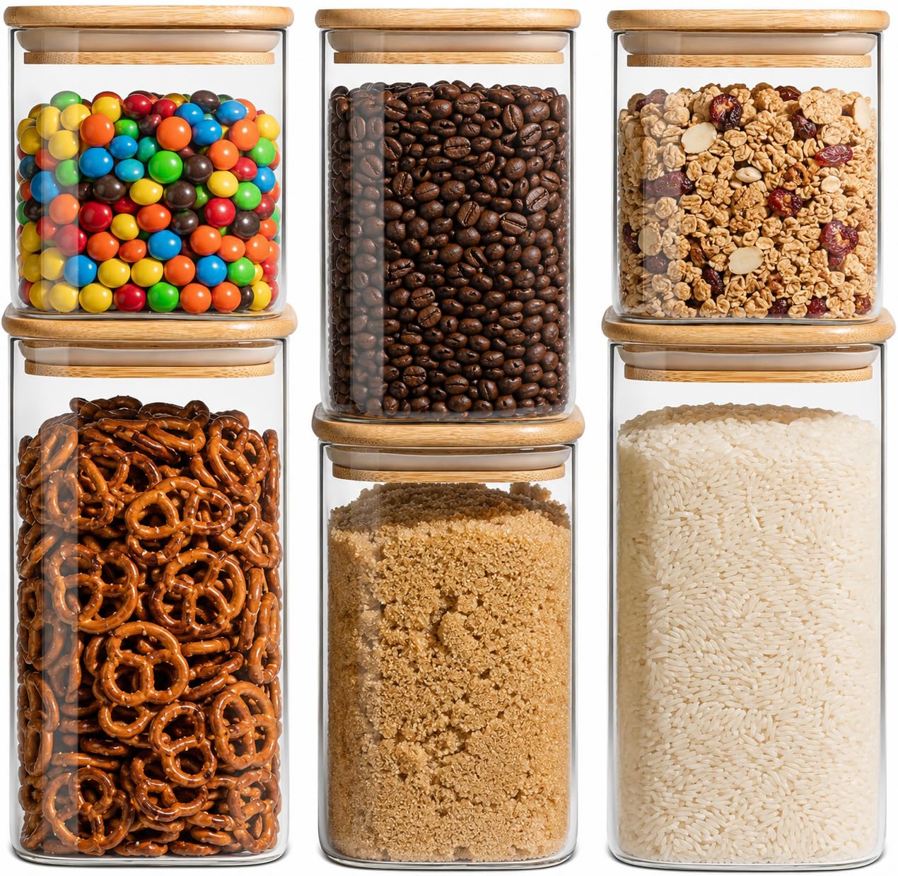 Airtight Glass Storage Containers with Lids Set of 6, 25 /37 /50oz Square Glass Jars with Bamboo Lids, Kitchen Canister Set for 