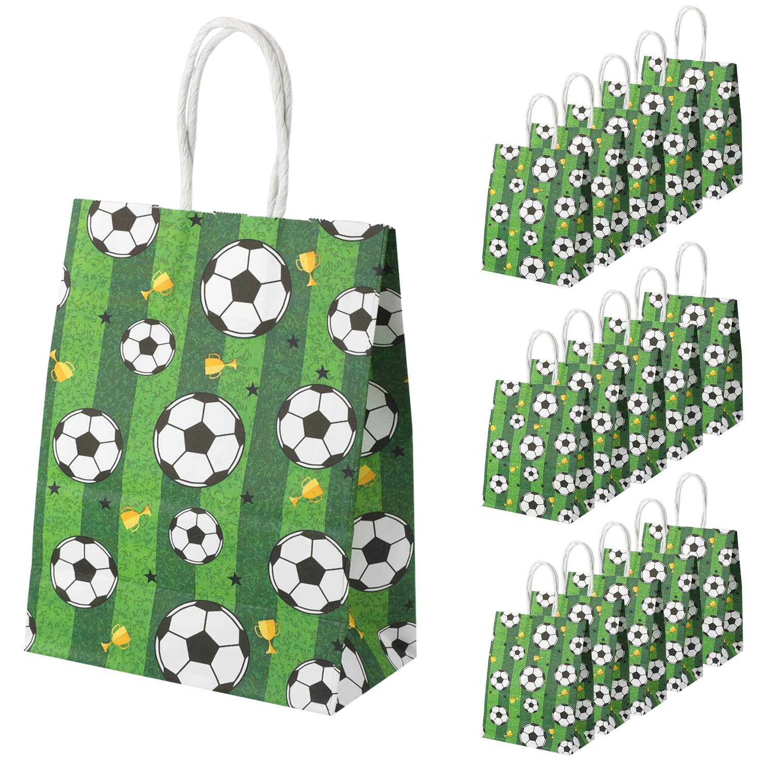 16Pcs Soccer Party Favor Paper Bags, Green Football Gift Bag Football Themed Party Bags With Handles Soccer Goodie Bags Treat Ca