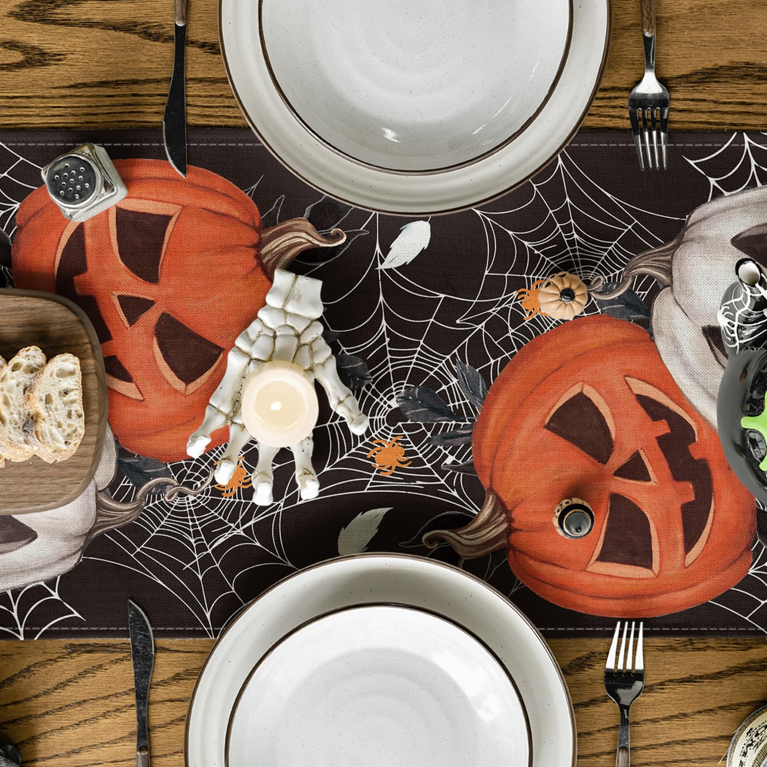 Artoid Mode Black Pumpkins Spider Web Leaves 2Pcs Halloween Table Runner, Seasonal Fall Kitchen Dining Table Decoration Home Par