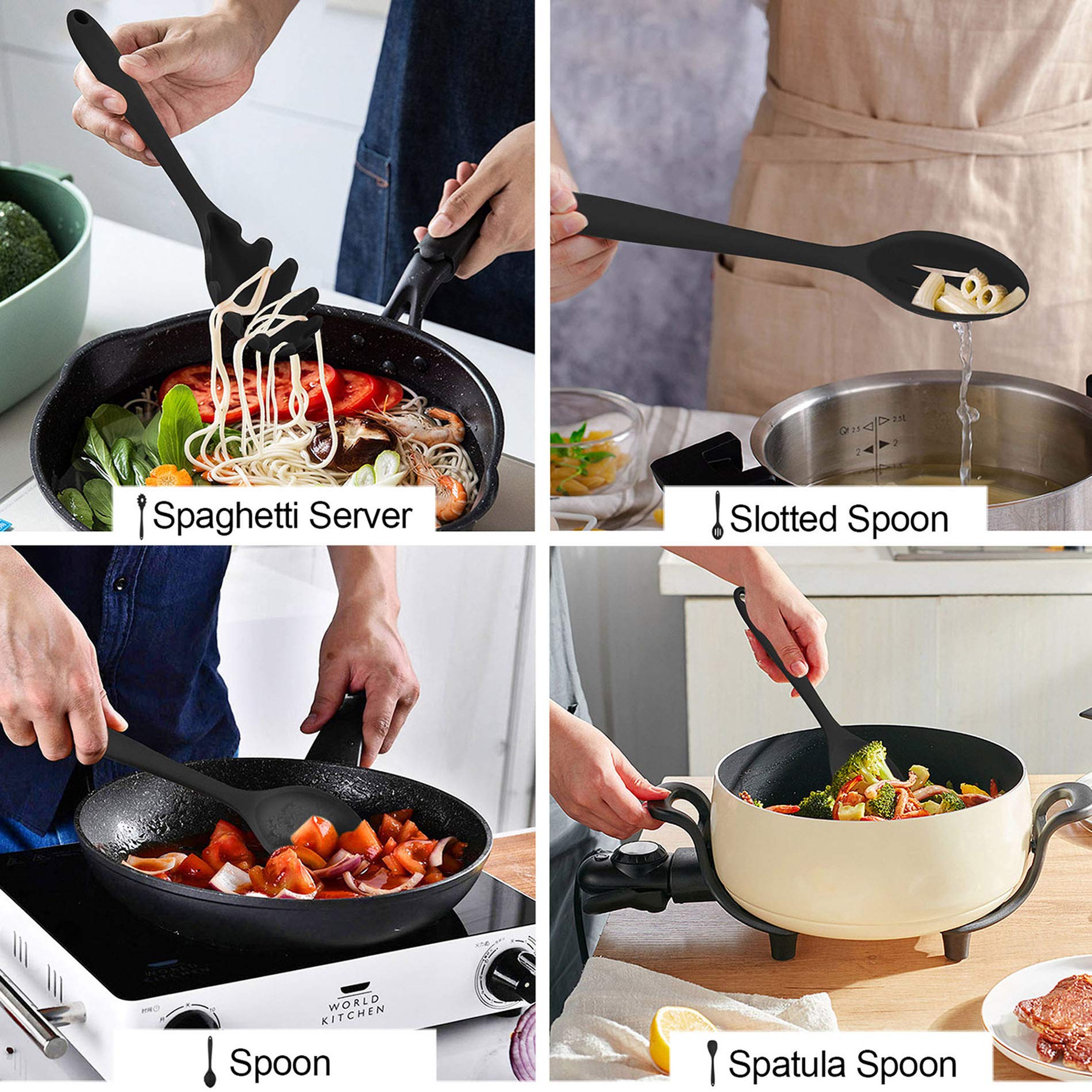 Lianyu 12-Piece Black Silicone Kitchen Cooking Utensils Set With Holder, Kitchen Tools Include Slotted Spatula Spoon Turner Ladl