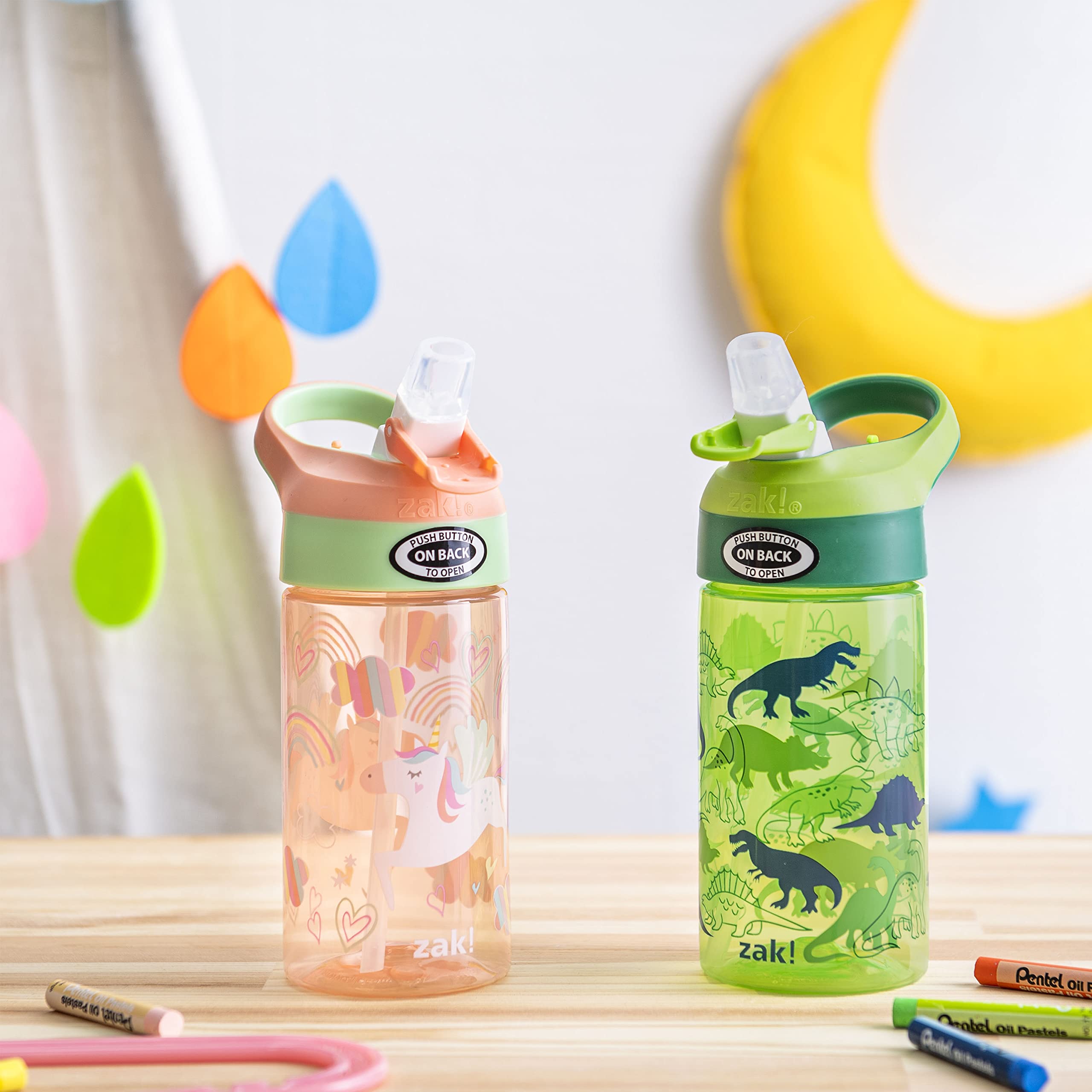 Zak Designs 16oz Riverside Kids Water Bottle with Spout Cover and Built-in Carrying Loop  Made of Durable Plastic  Leak-Proof Water Bottle Design for Travel (Unicorn & Dino Camo  Pack of 2)