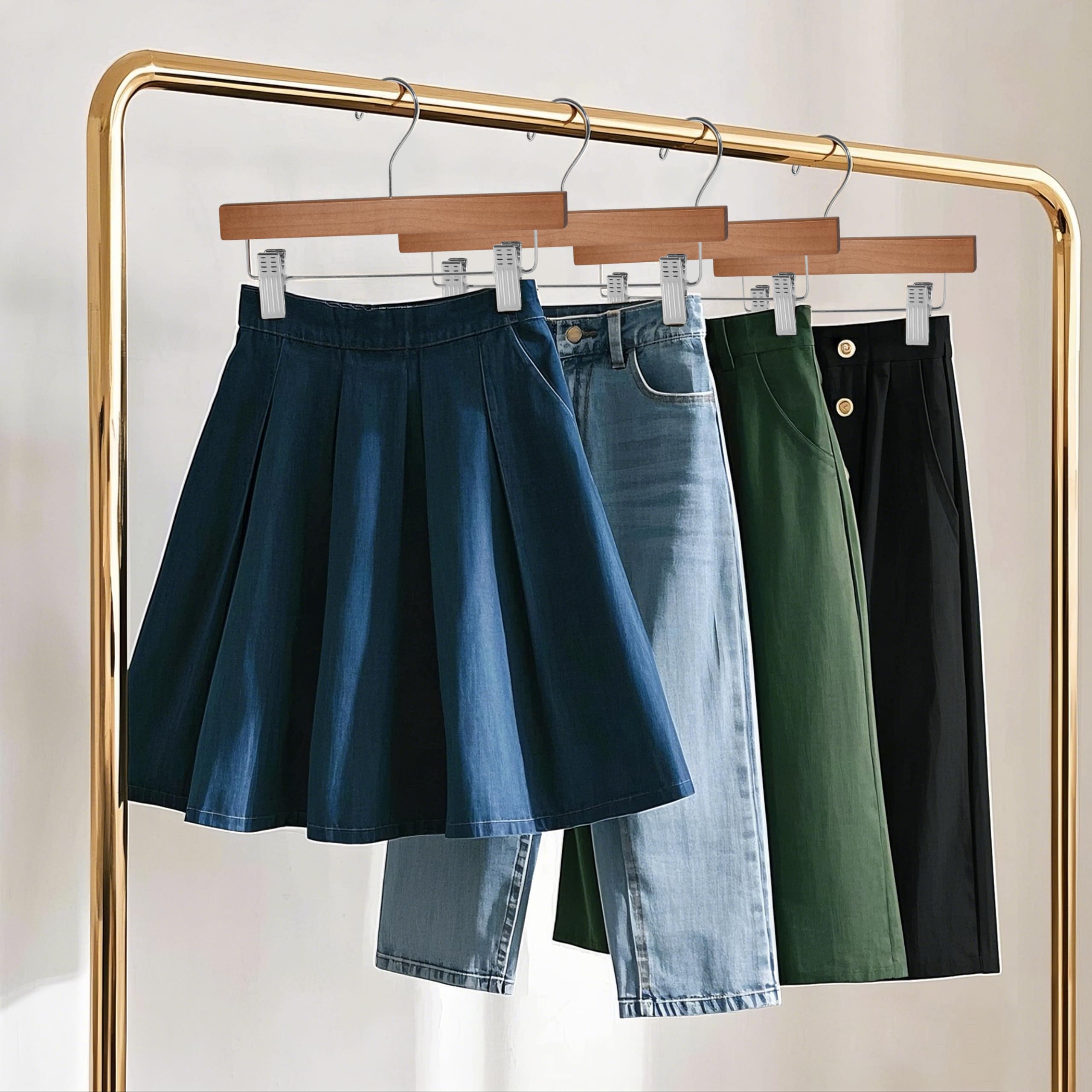 Quality Wooden Pants Hangers Skirt Hanger Jeans Hanger Bottom Hanger  Swivel Hook  Adjustable Clips (Walnut - Chrome Hook  10)