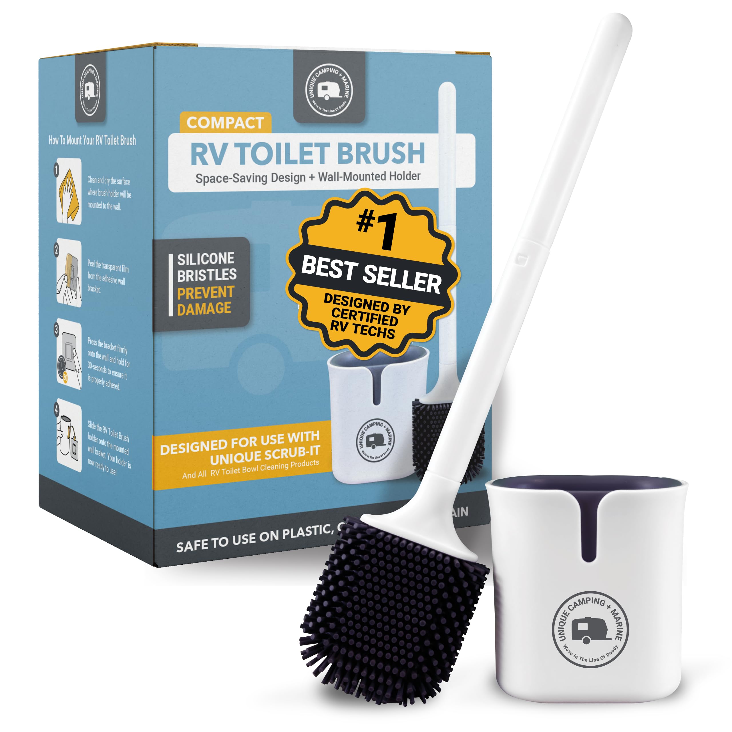 Unique Silicone RV Toilet Brush, Compact, Wont Damage Toilets or Seals, Wall-Mount No-Drip Holder