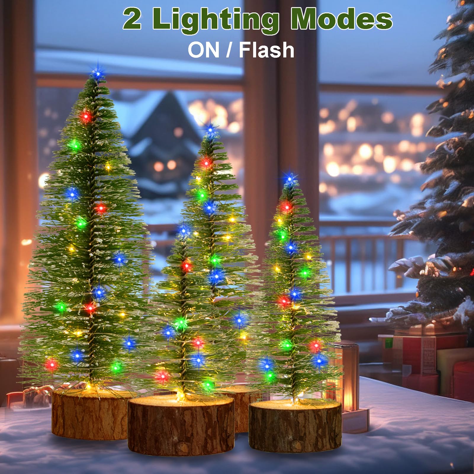 4Pcs Mini Christmas Trees, 2 Modes Timer Bottle Brush Christmas Trees, Artificial Christmas Tree, Mini Snow Frost Trees with Woo