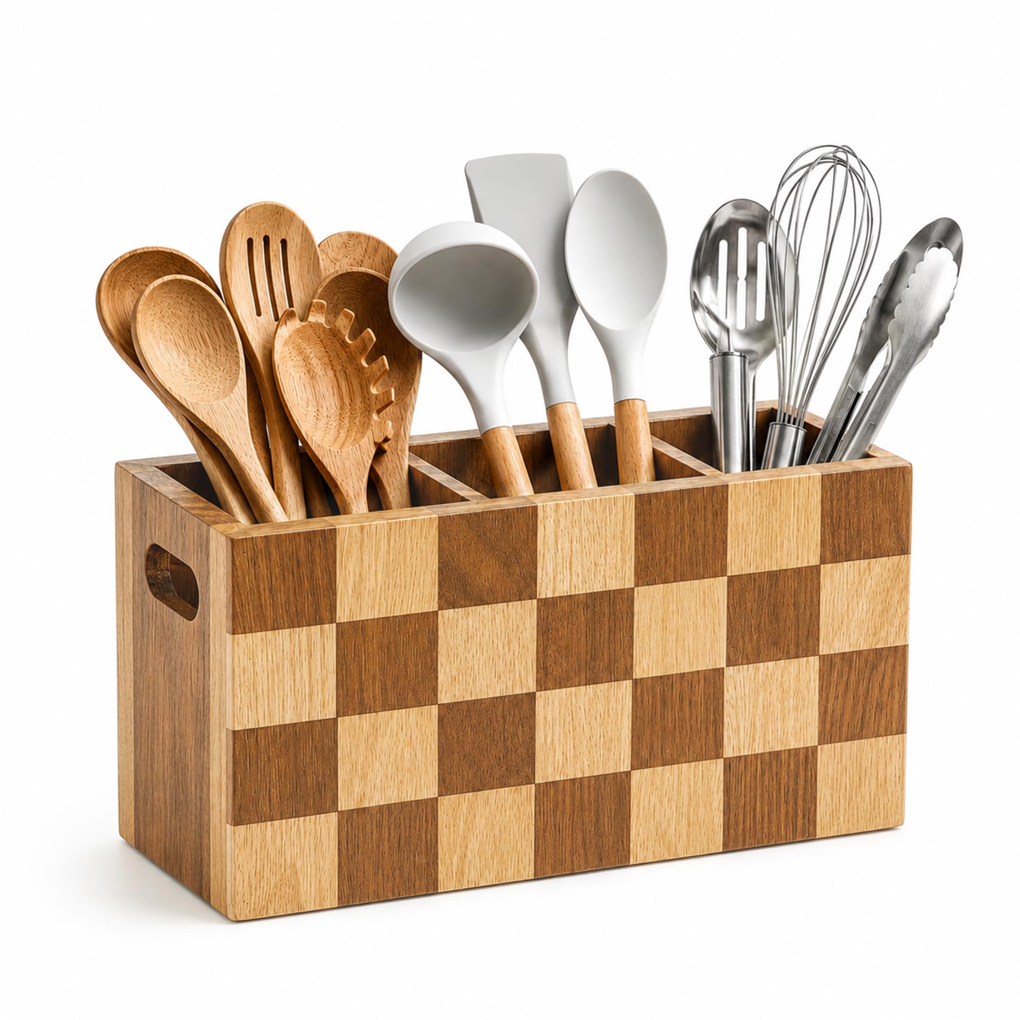 Fyctio Kitchen Utensil Holder, 3 Compartment Large Wooden Utensil Organizer