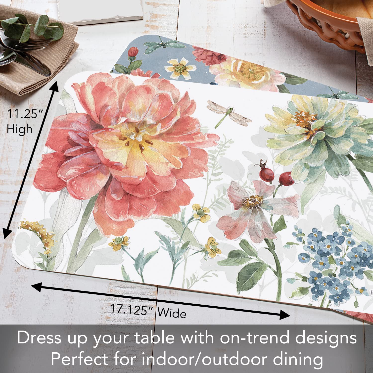 Counterart Spring Meadow 4 Pack Reversible Easy Care Flexible Plastic Placemats Made In The Usa Bpa Free Pvc Free Easily Wipes C