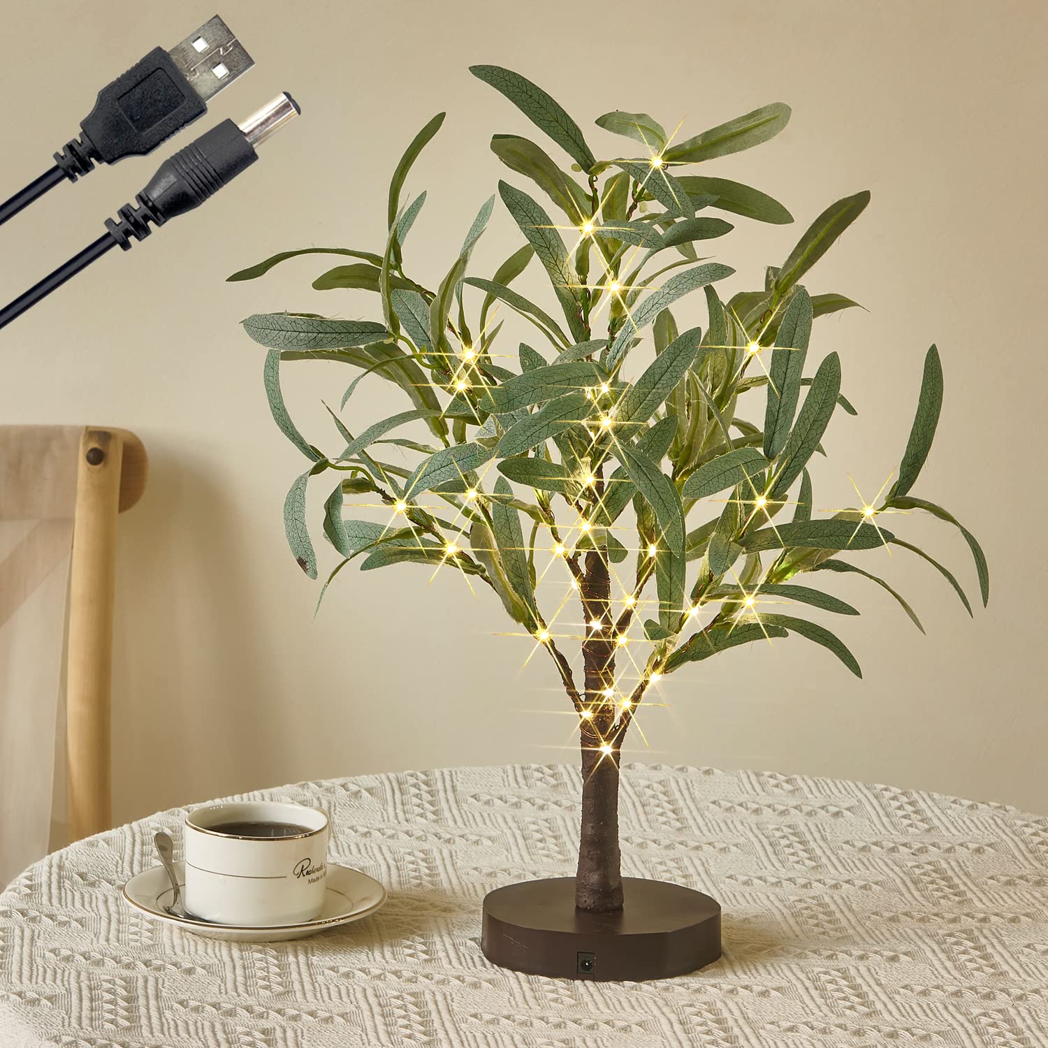 Fudios Little Lighted Tree with Timer 18in 50 LED USB Battery Operated Table Top Bonsai Olive Trees Light Artificial Plant for H