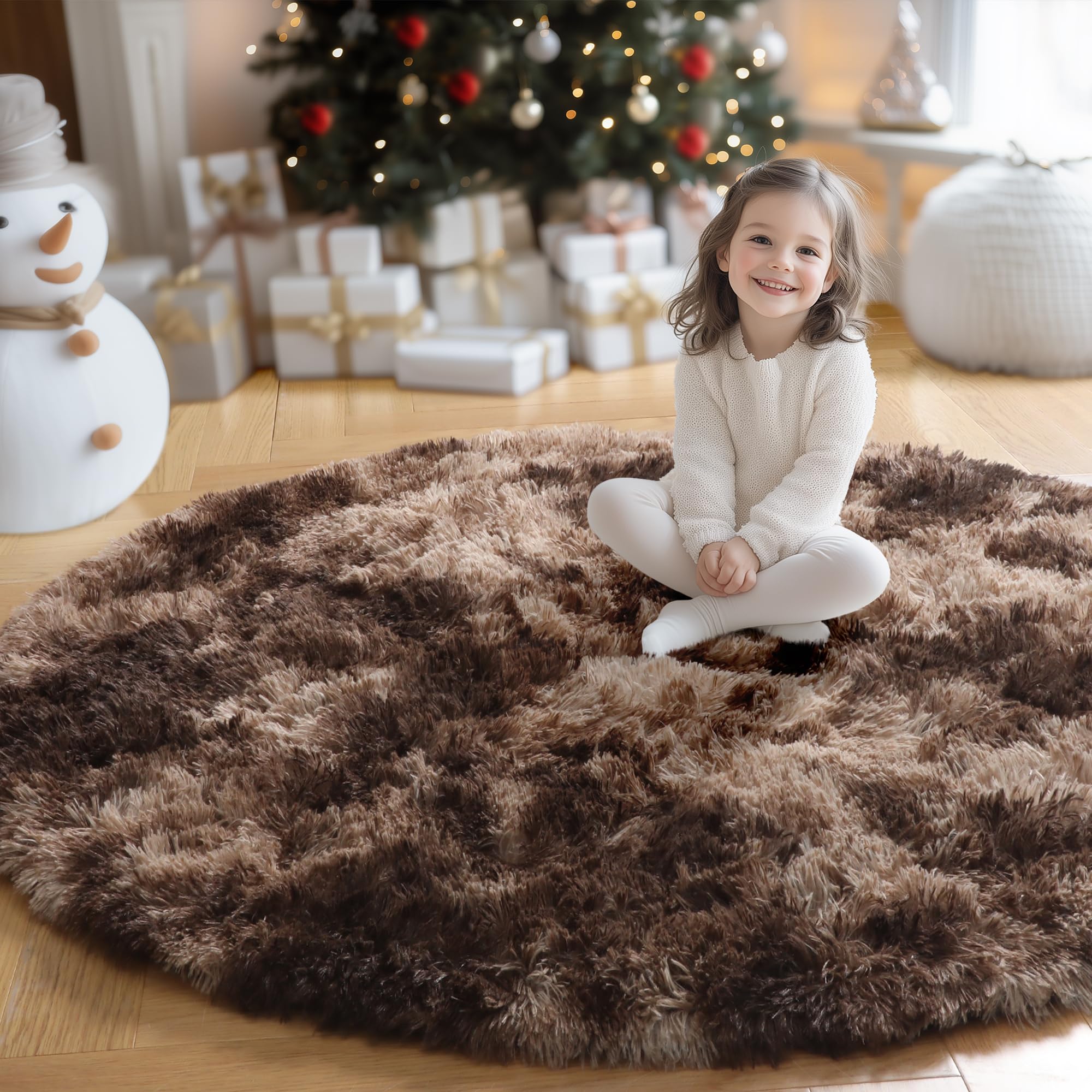 Amdrebio Tie-Dyed Brown Round Circle Rugs 4Ft for Bedroom, Fluffy Shag Plush Area Rugs for Kids Room, Living Room Decor Aestheti