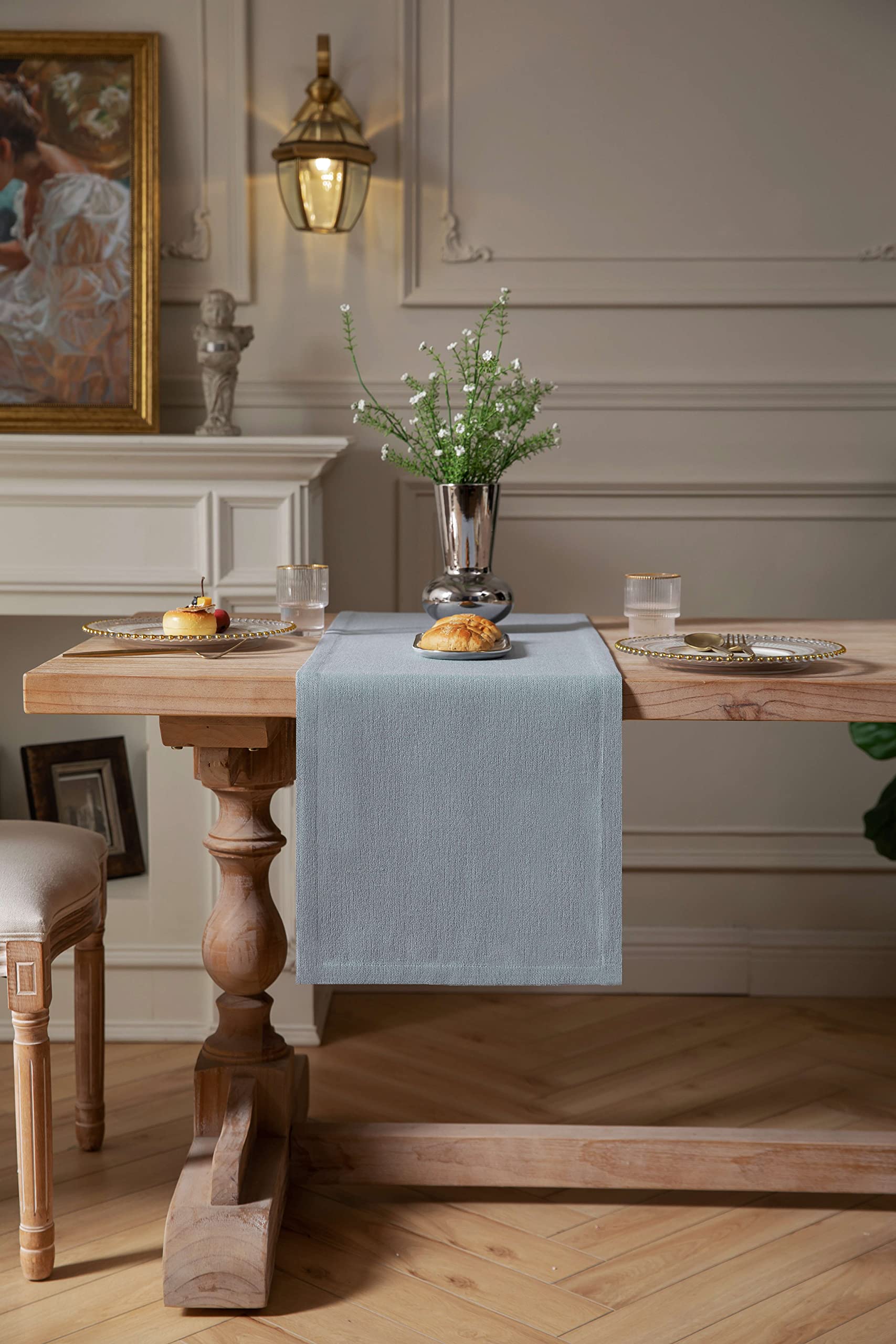 ZeeMart Burlap Style Farmhouse Table Runners 36 Inches Long  Dusty Blue Rustic Woven Dining Table Runner for Everyday Use  14x36 Inches  Light Dusty Blue
