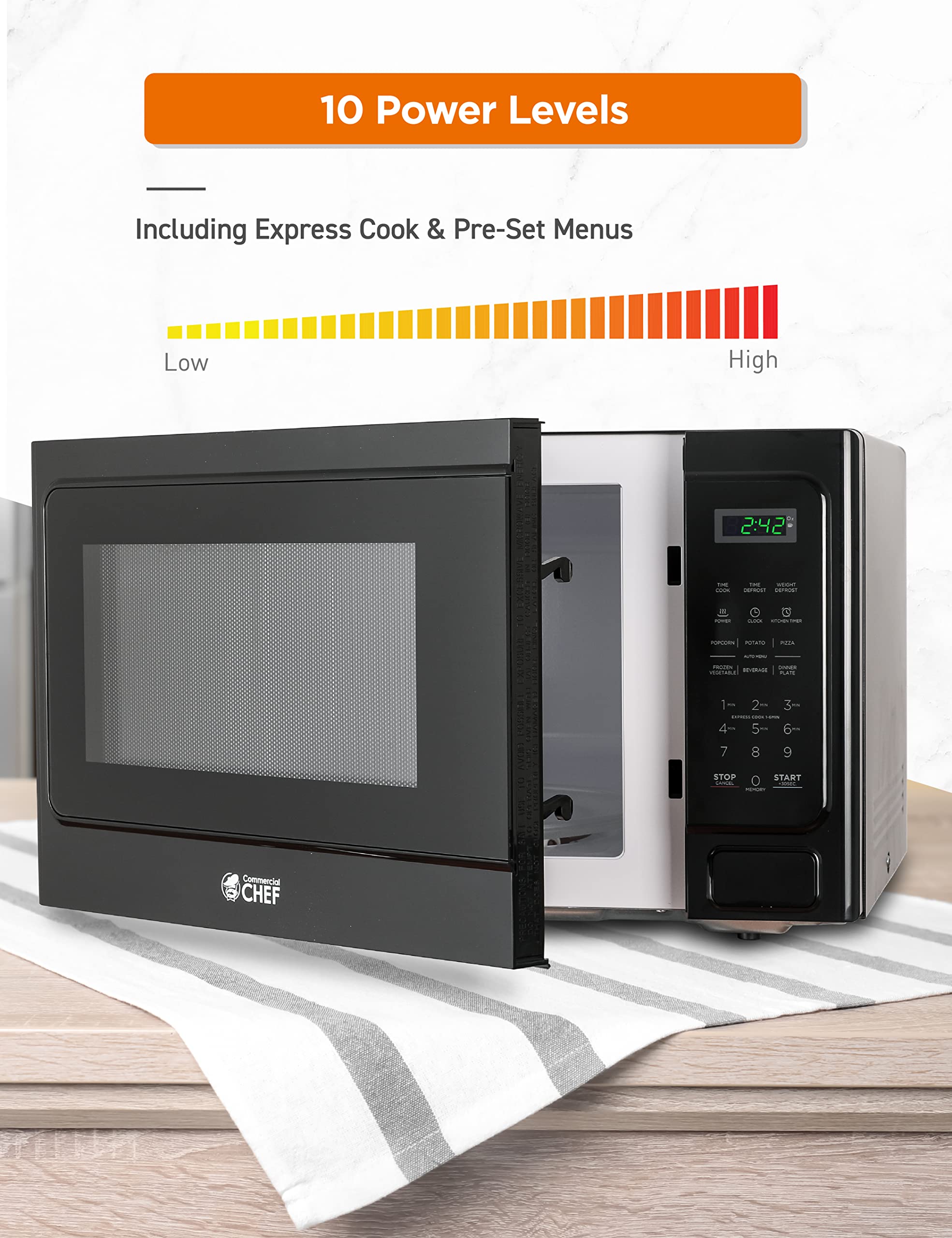 Commercial Chef Small Microwave 1.3 Cu. Ft. Countertop Microwave With Digital Display, Black Microwave & 10 Power Levels, Outsta
