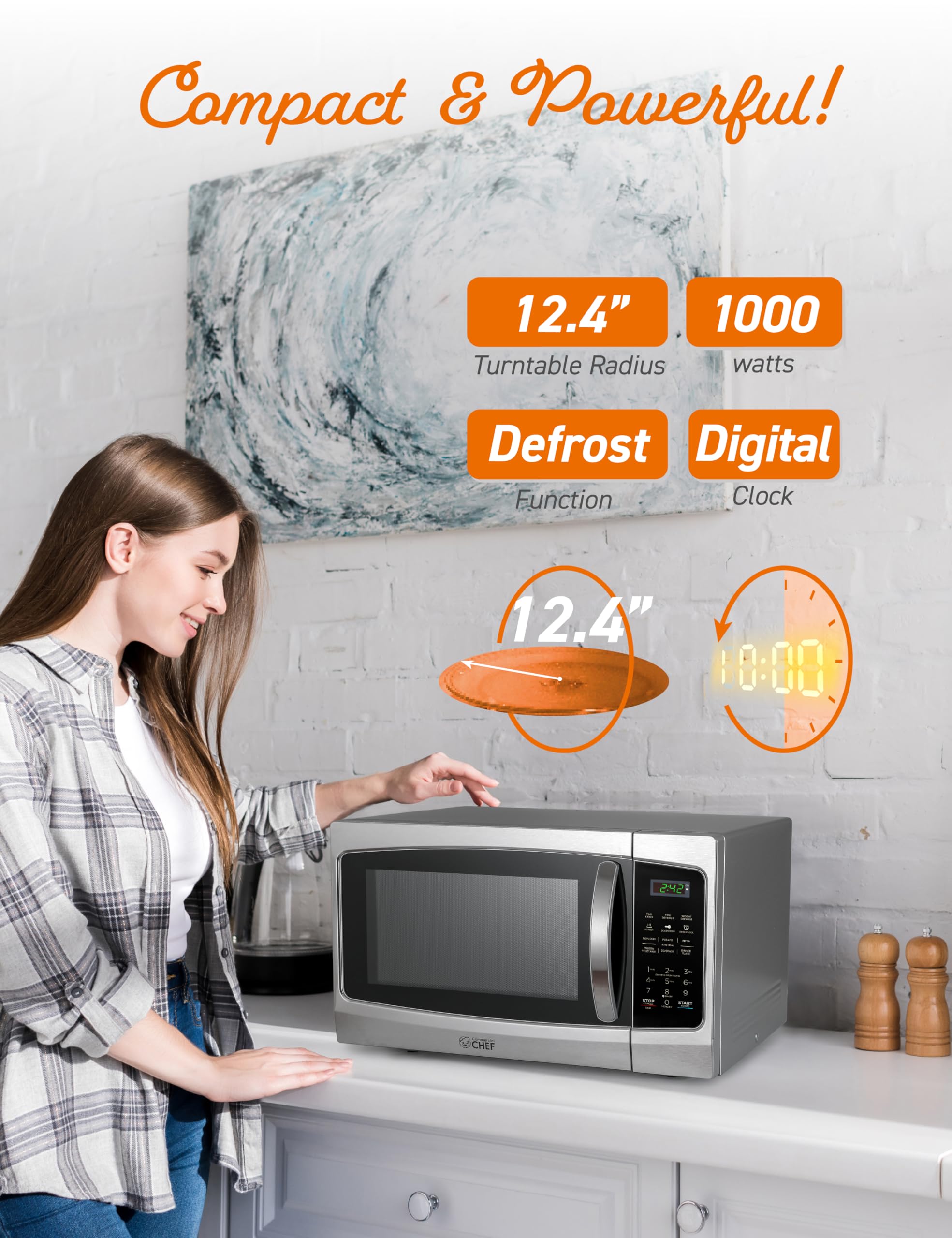 Commercial Chef Small Microwave 13 Cu Ft Countertop Microwave With Digital Display, Stainless Steel Microwave & 10 Power Levels,